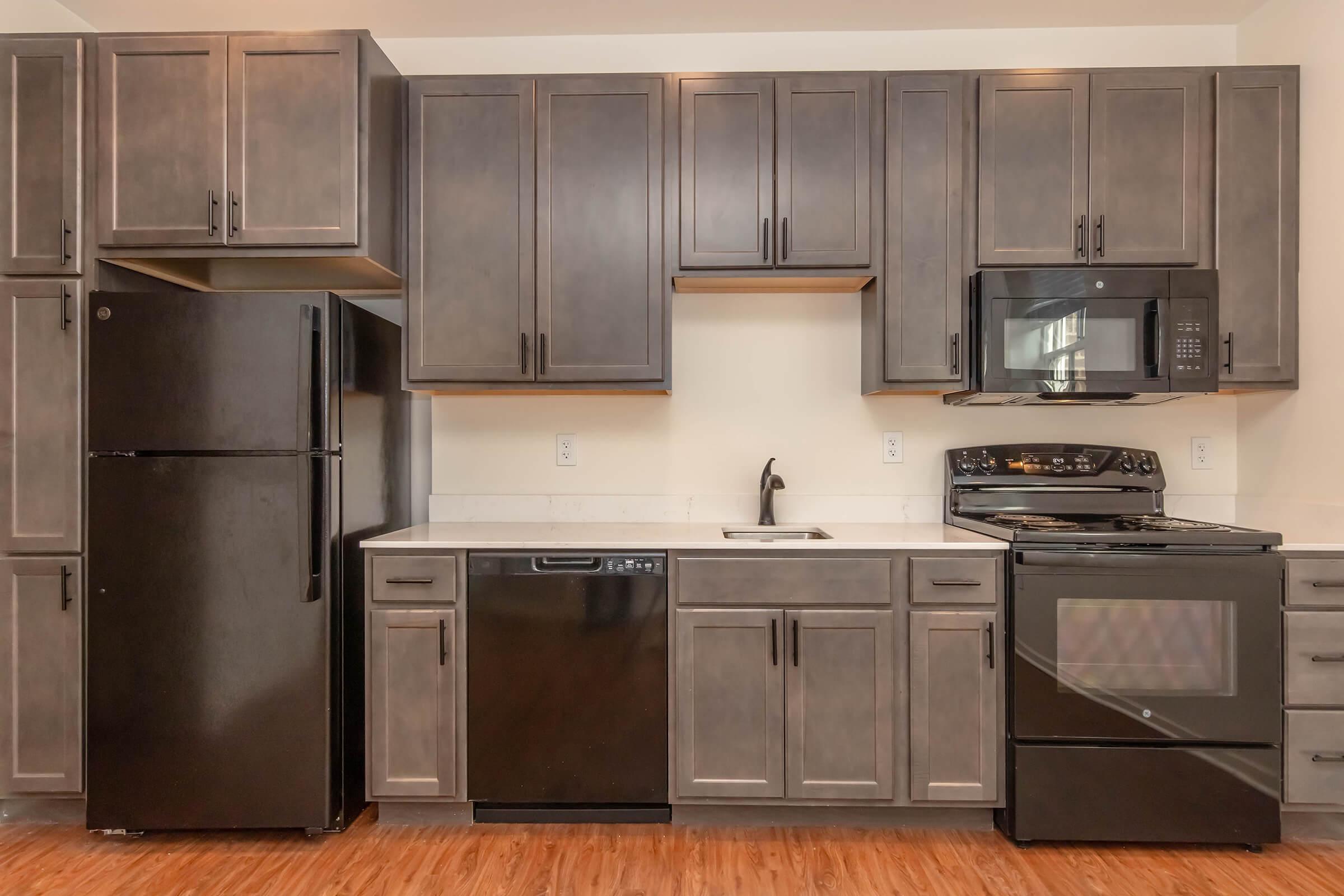 Modern kitchen featuring dark cabinets with a sleek finish, a black refrigerator, a black dishwasher, and a matching black microwave and oven. The countertop is light-colored, and the floor has a warm wood-like appearance. The overall design is contemporary and functional.