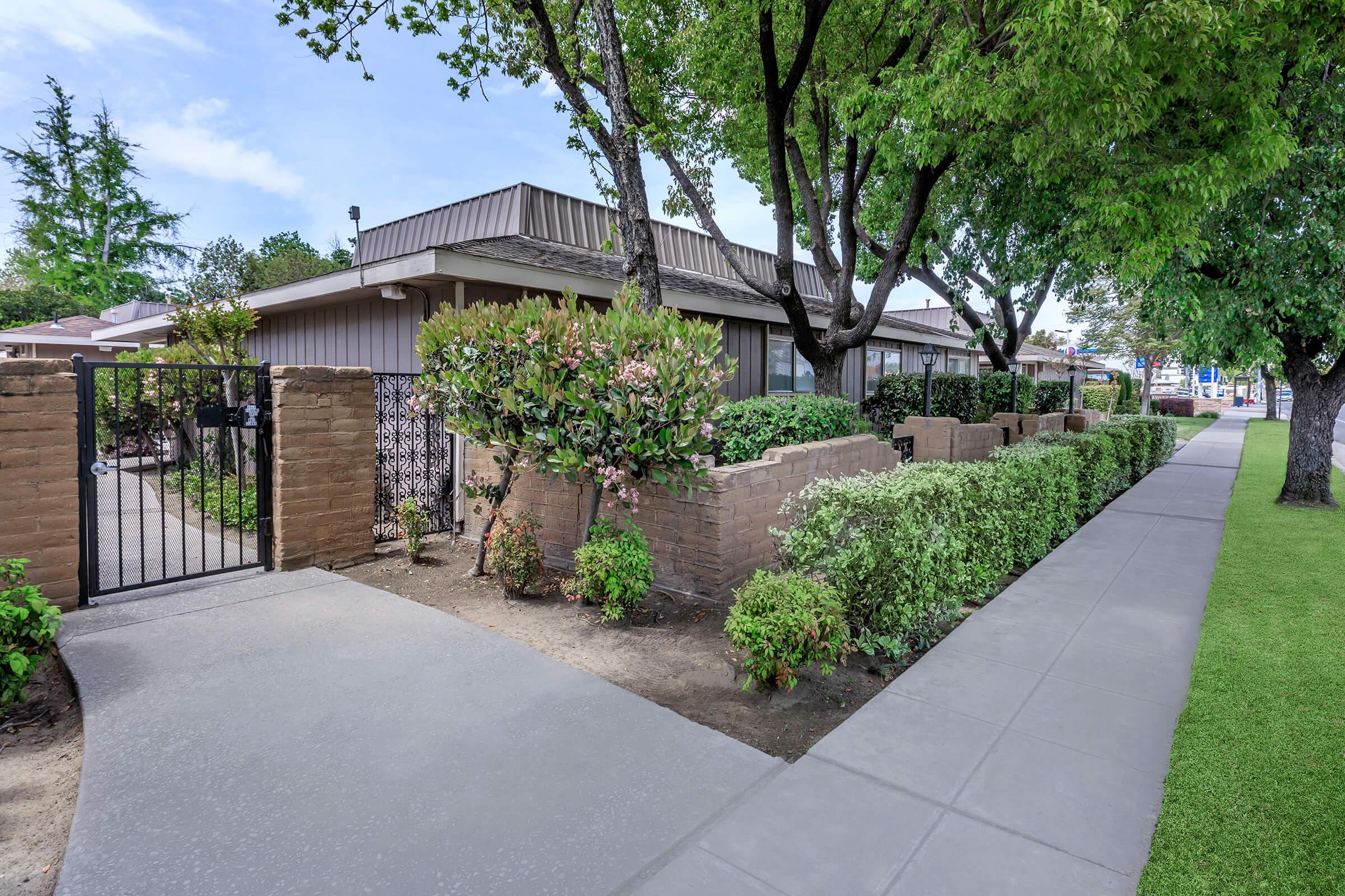 a path with trees on the side of a building