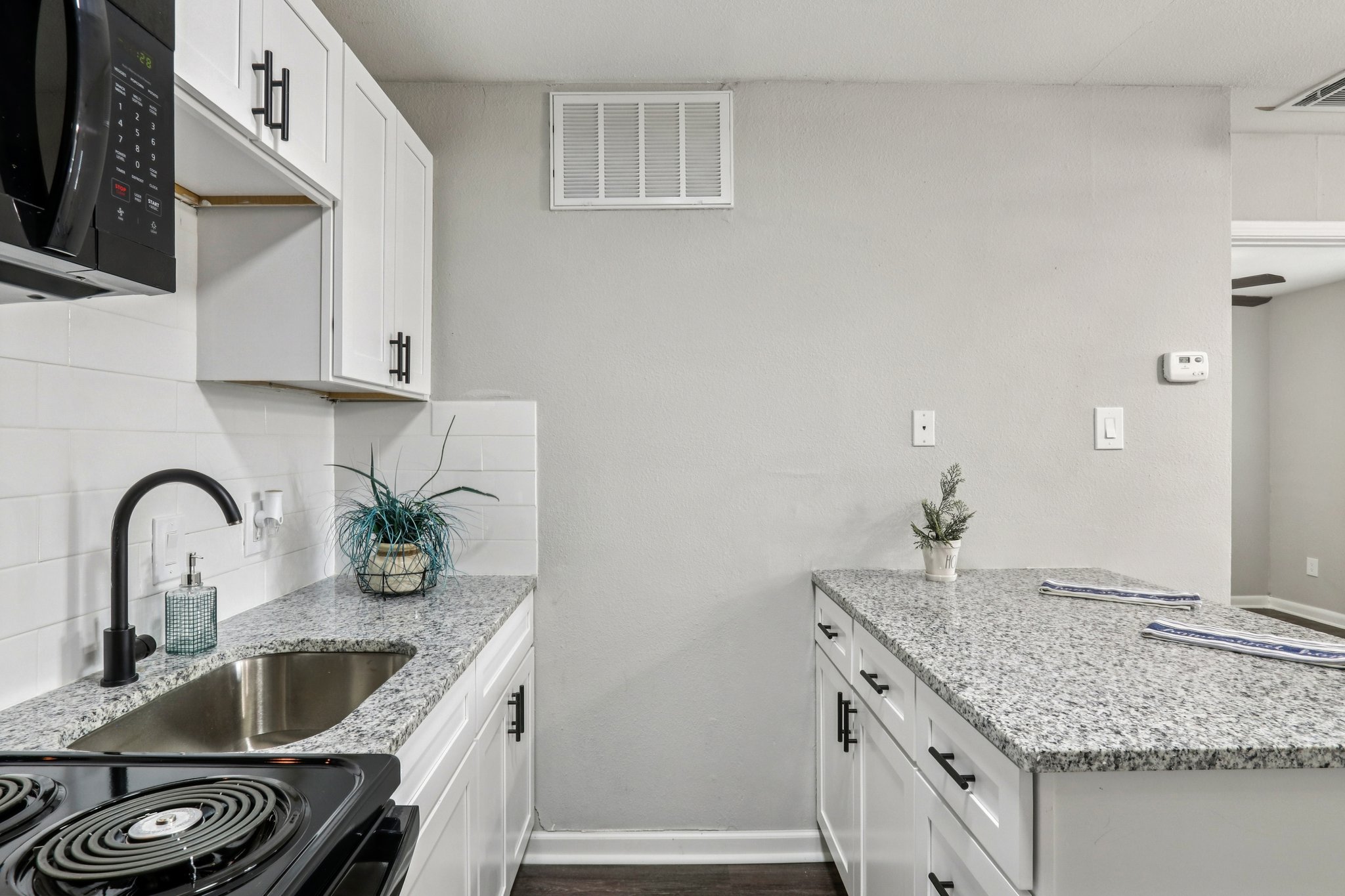 Modern kitchen featuring white cabinets, a granite countertop, and a stainless steel sink. A black stove and microwave are visible, along with a potted plant and decorative items on the counter. The wall is a neutral color, and there's an air vent and thermostat on the wall.