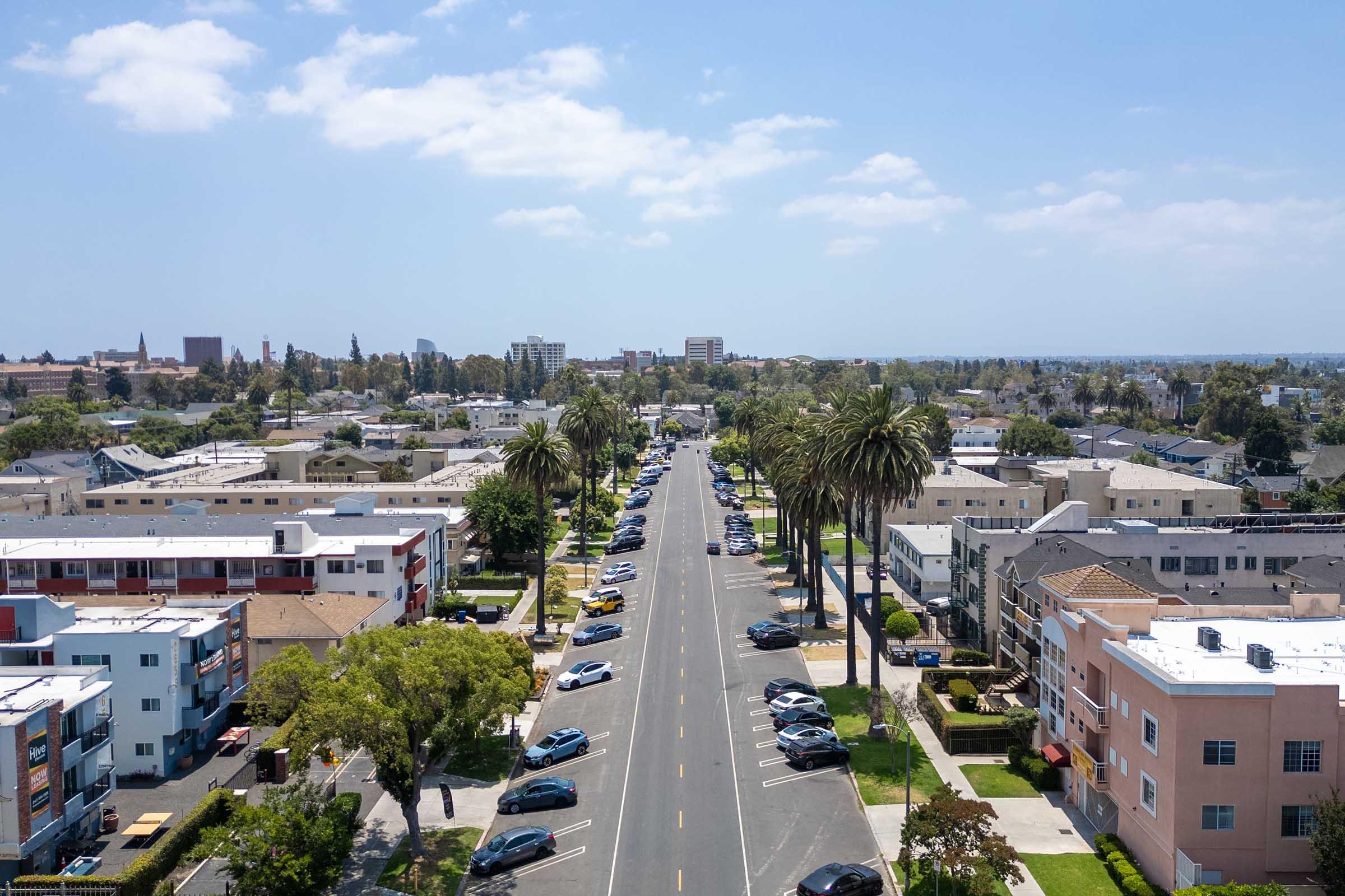 A wide aerial view of a residential street lined with palm trees. Parks and apartment buildings are visible on either side, with parked cars along the sides of the road. The sky is clear and blue, and the cityscape in the distance includes low-rise buildings and greenery.