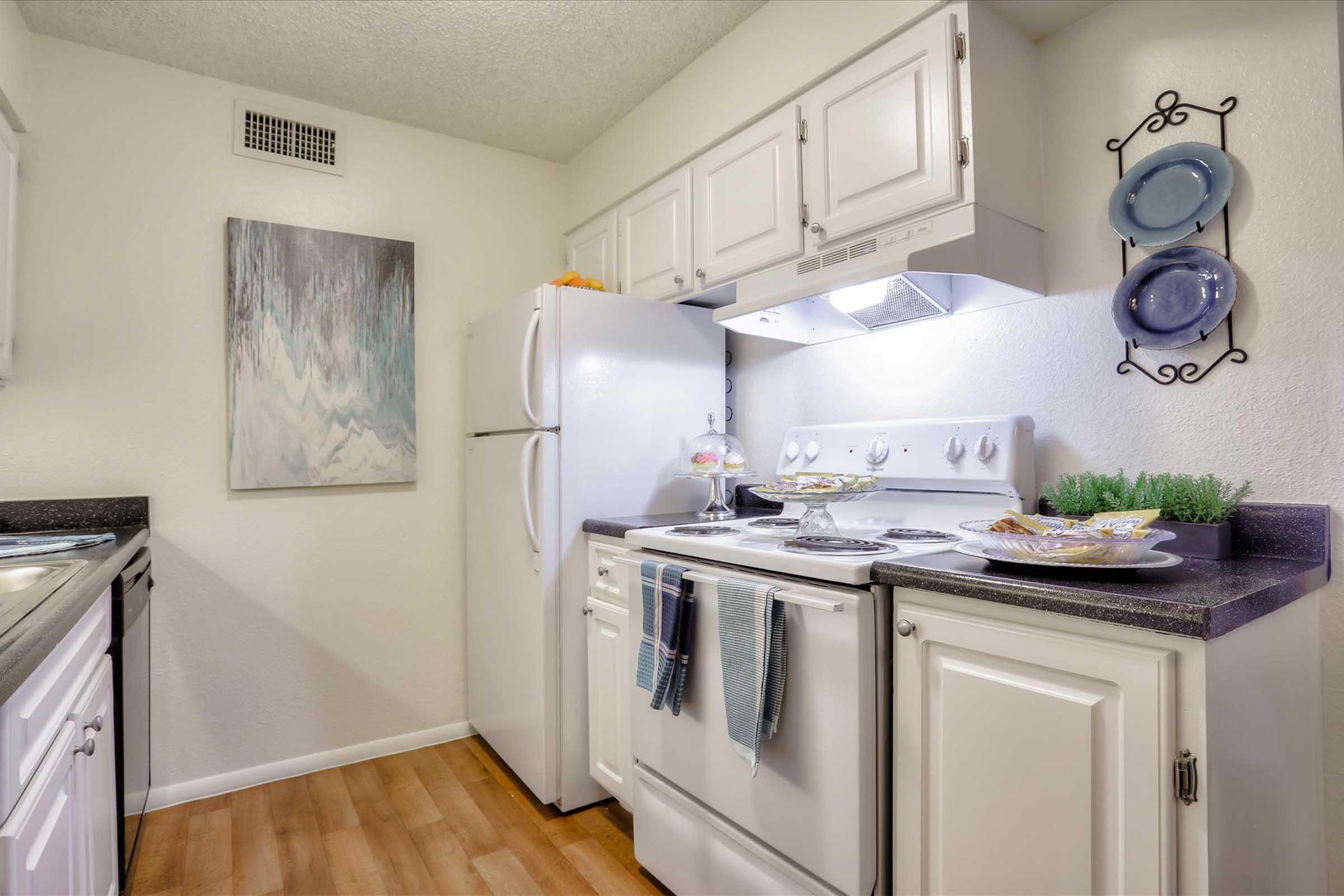 A modern kitchen featuring white cabinetry, a white refrigerator, and a gray countertop. It has a stove and oven with a range hood, decorative plates on the wall, and a small plant. The floor is wooden, and an abstract painting decorates the wall, adding a touch of color to the space.