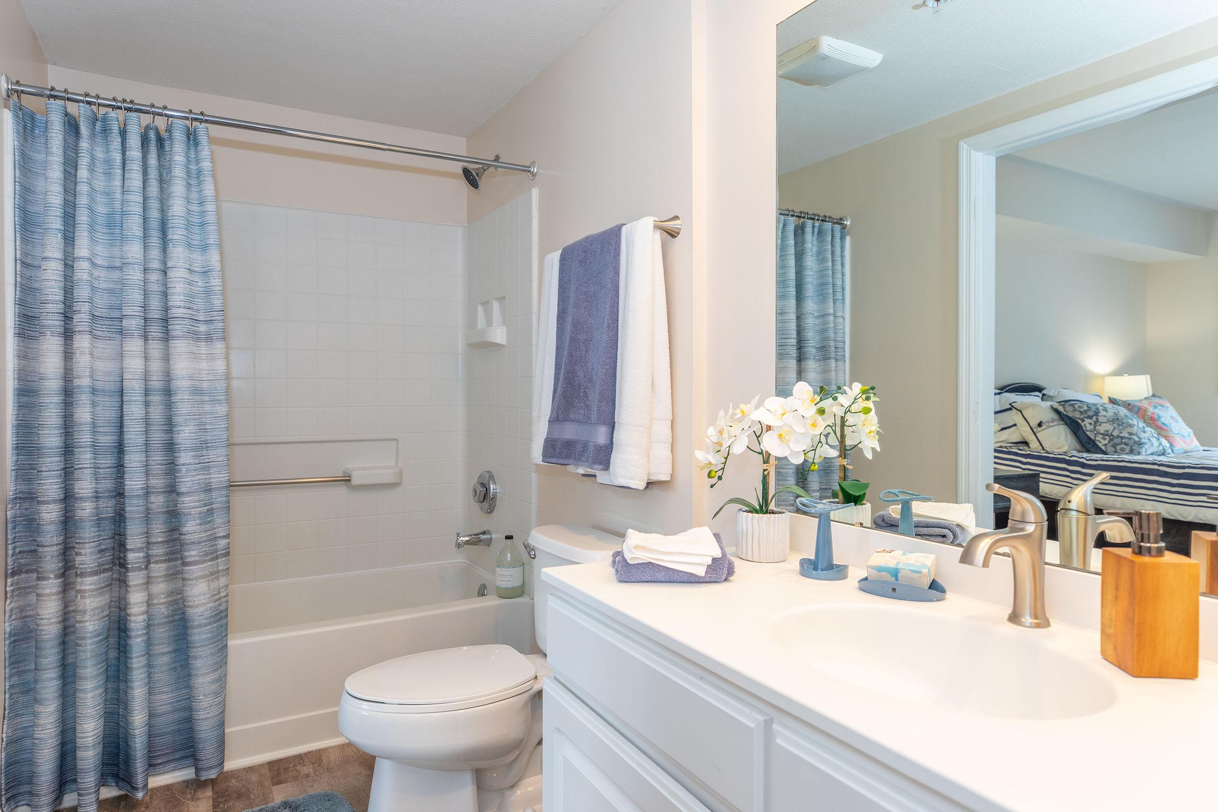 a shower curtain next to a sink