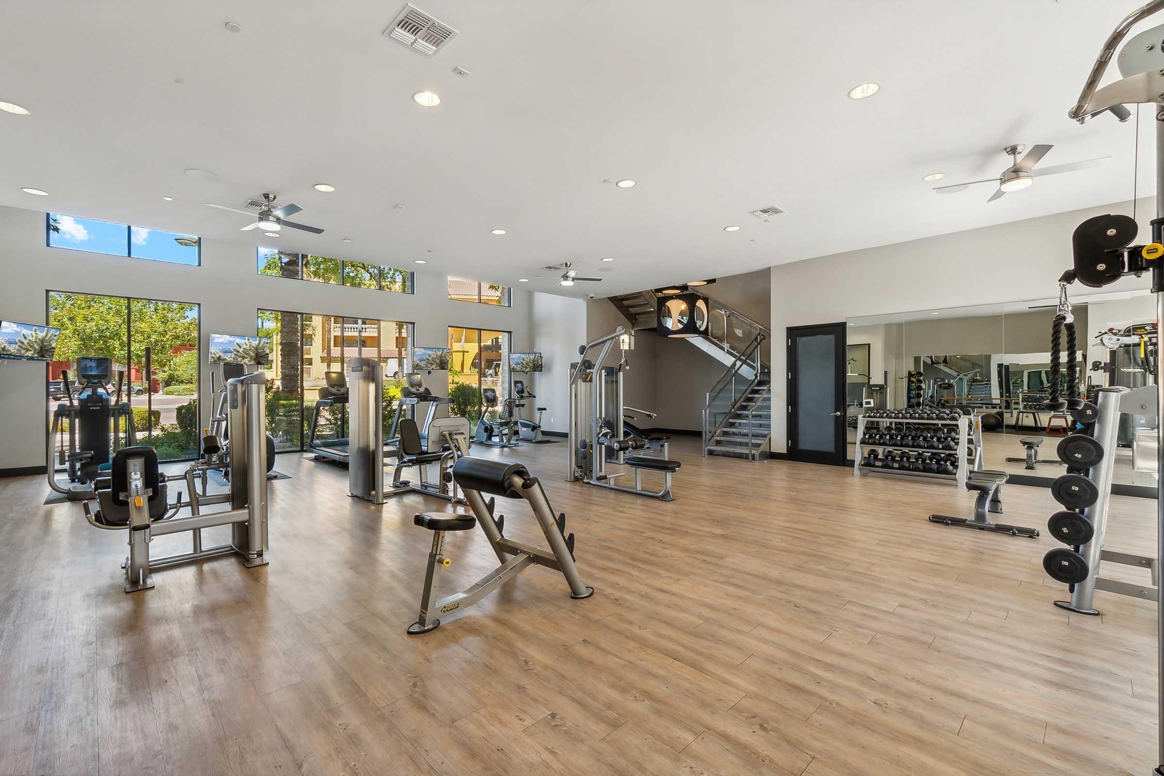 Interior view of a modern gym featuring various workout equipment, including weight machines, benches, and free weights.