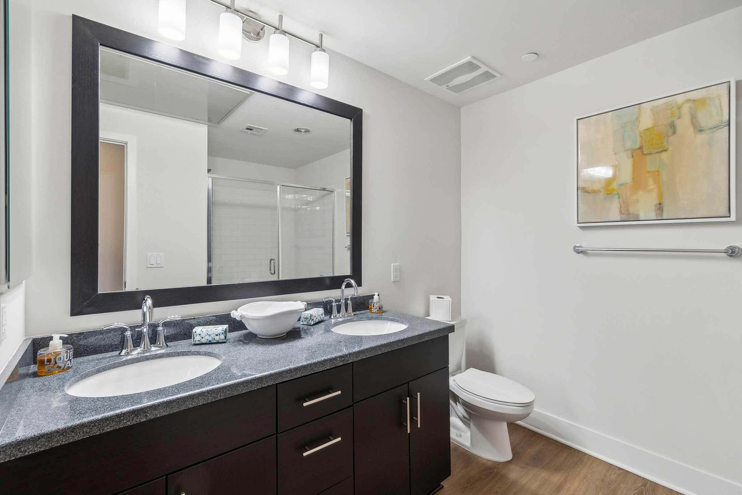 A modern bathroom featuring a double sink with a large mirror above, a dark vanity with storage, and a white toilet.
