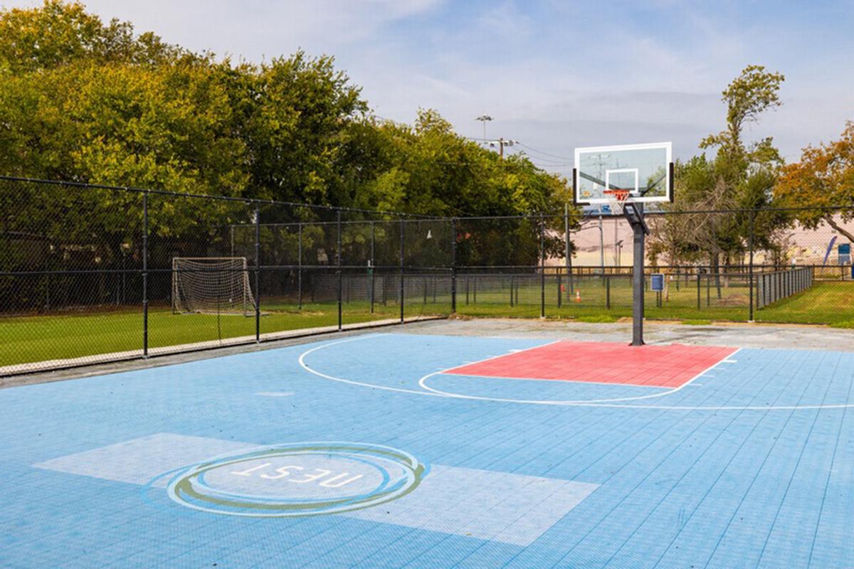 A basketball court with a blue surface, featuring a red key area and a basketball hoop. The court is surrounded by a chain-link fence and has green trees in the background, indicating a park-like setting. The logo "NEST" is visible on the court.