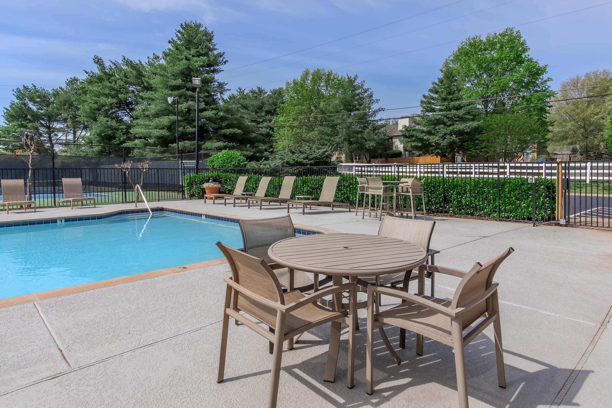 A serene outdoor pool area with a clear blue sky, surrounded by green trees. A round table with matching chairs is positioned near the poolside. Comfortable lounge chairs are set up around the pool, ideal for relaxation. A fence encloses the area, enhancing privacy and security.