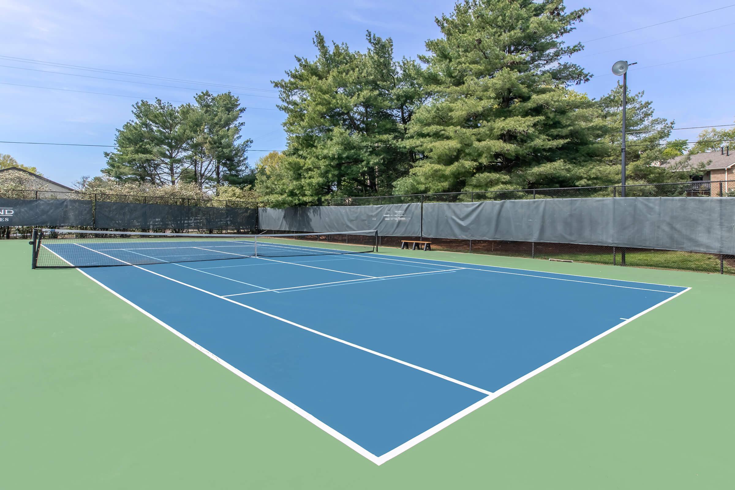 A vacant outdoor tennis court surrounded by tall green trees, with a clear blue sky above. The court features blue lines on a green surface, and the net is positioned in the middle. The background includes a fence and a glimpse of a building or facility.