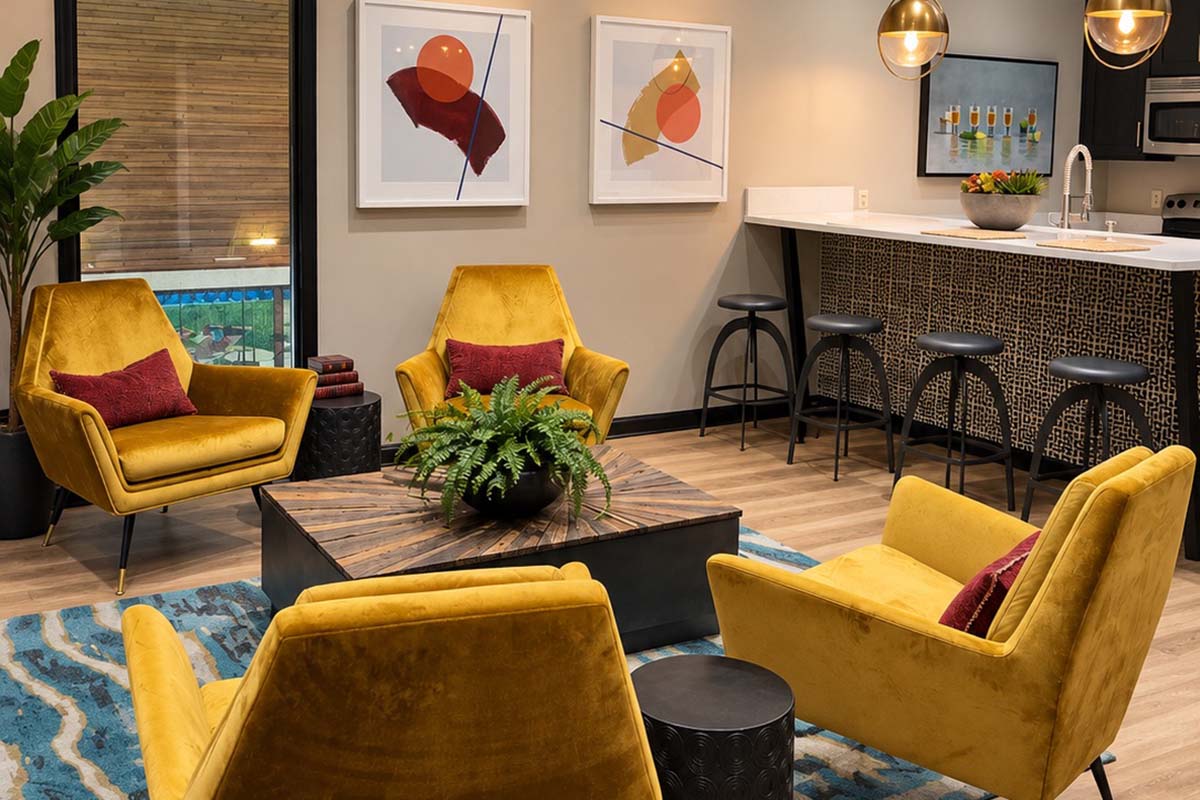 A modern living space featuring two bright yellow armchairs with red cushions, surrounded by a coffee table with a wooden top. A large potted fern sits at the center. The room has stylish artwork on the walls, pendant lighting, and a bar area with black stools in the background, all set on a patterned rug.
