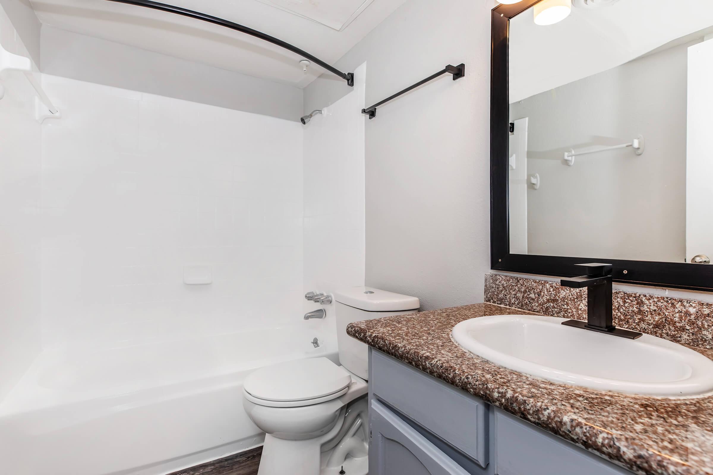 A modern bathroom featuring a white bathtub and shower, a toilet, and a sink with a granite countertop. The walls are painted light gray, and there is a dark-framed mirror above the sink. A towel bar is mounted on the wall, and the floor appears to be a dark, wood-like material.