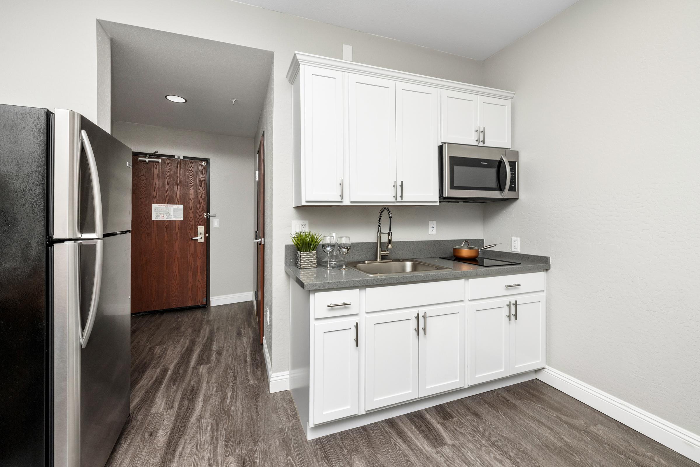A modern kitchen featuring white cabinetry, a stainless steel refrigerator, a microwave, and a sink. The countertop is dark gray stone, and there is a small potted plant for decoration. The entrance door to the room is visible in the background, alongside light-colored walls and wooden flooring.