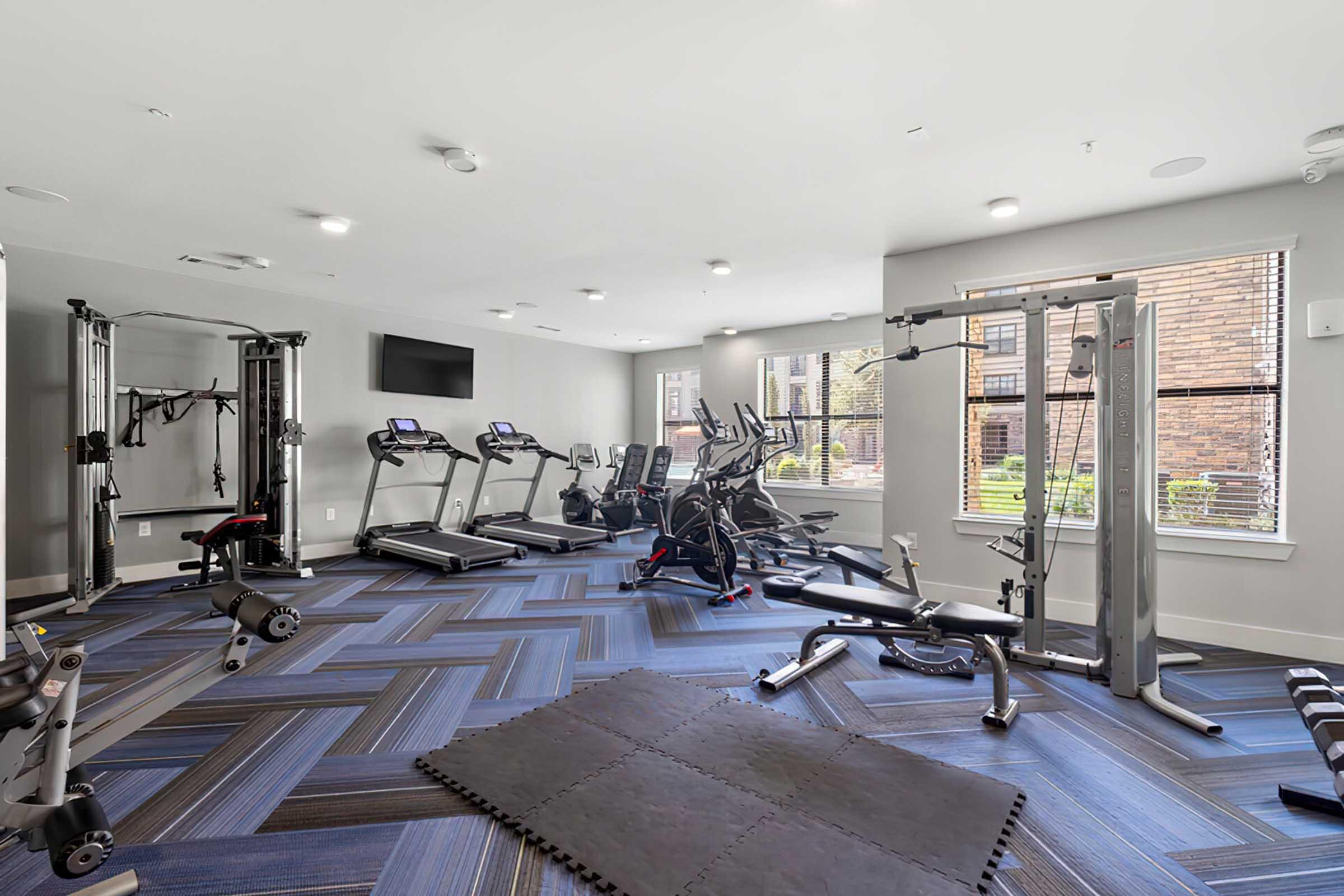 A modern gym interior featuring various exercise equipment, including treadmills, weight machines, and free weights. The floor has a blue and gray design with a rubber mat in the center. Large windows provide natural light, and a wall-mounted TV is visible, enhancing the fitness environment.