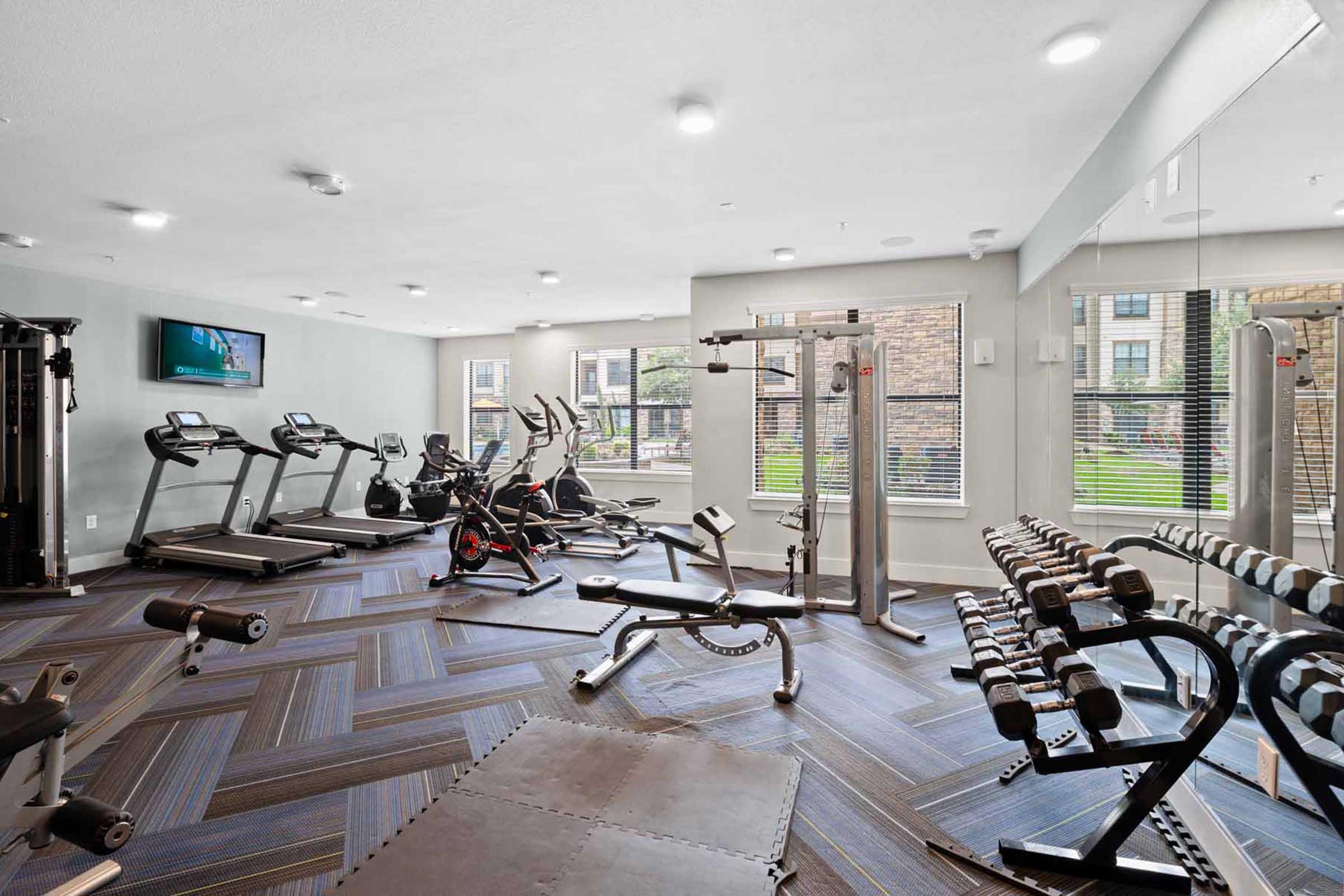 A modern gym interior featuring treadmills, exercise bikes, weight benches, and a variety of free weights. Large windows provide natural light, and a television screen is mounted on the wall. The floor has a patterned design, enhancing the contemporary feel of the space.