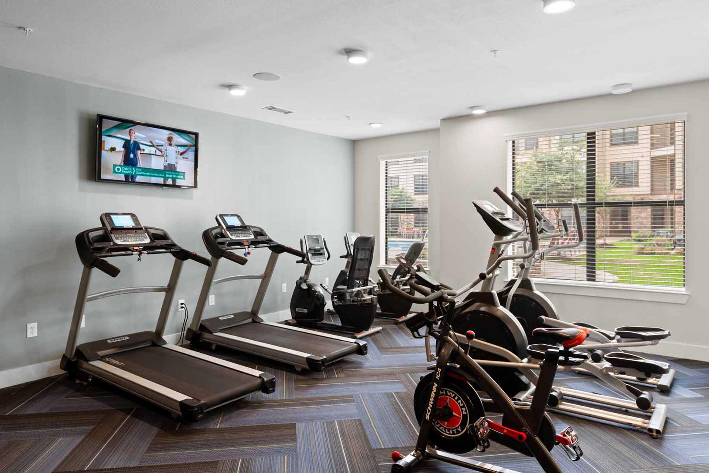 A modern gym featuring several cardio machines, including treadmills, an elliptical, and a stationary bike. There is a television mounted on the wall displaying workout content, and large windows provide natural light while overlooking an outdoor area. The gym has a clean and inviting ambiance.