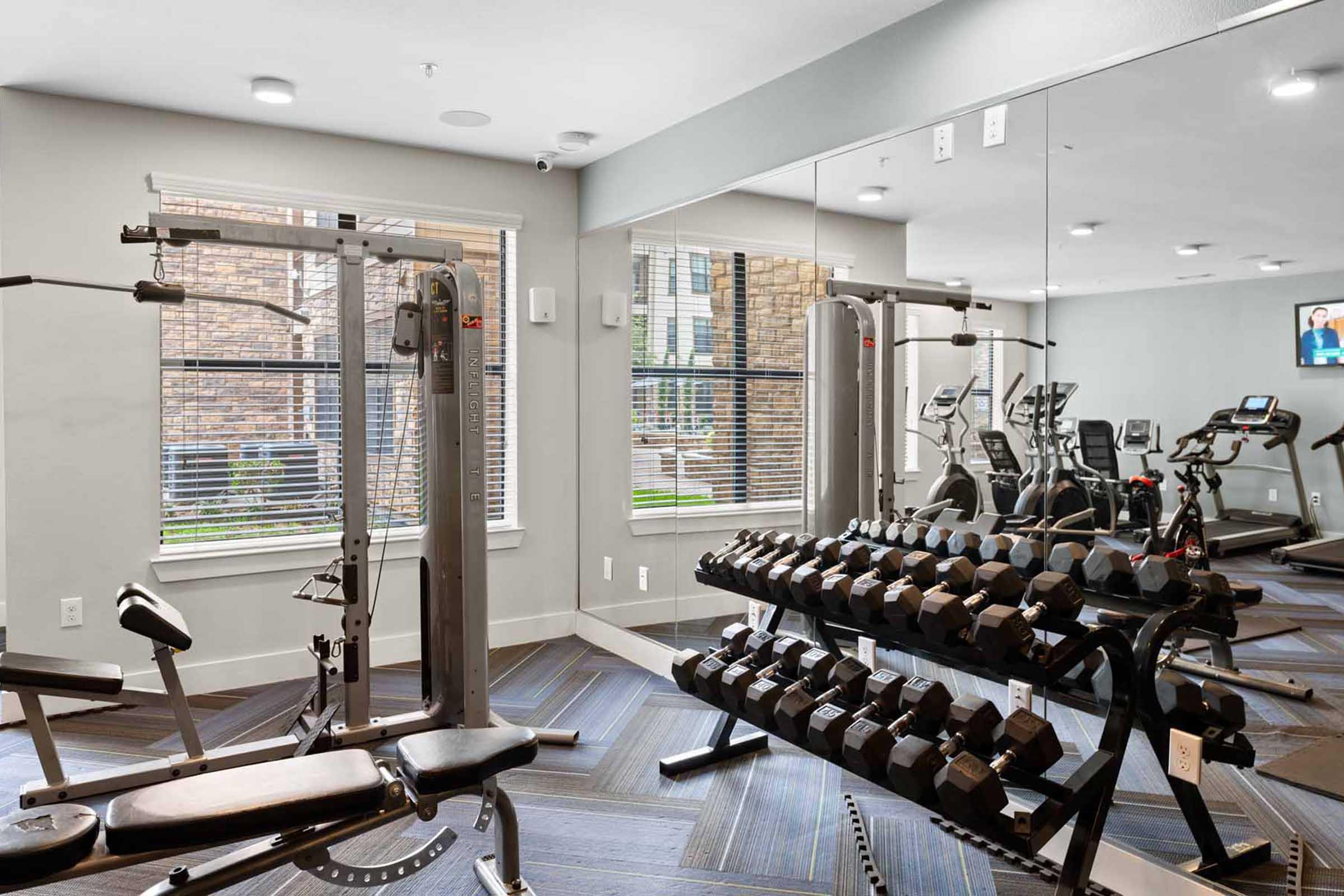 A well-equipped gym featuring a weight bench, a multi-station weight machine, a rack of dumbbells, and various cardio machines. Large windows allow natural light to flow in, creating a bright and inviting workout environment. Mirrors on the wall enhance the space and provide visibility for exercise routines.
