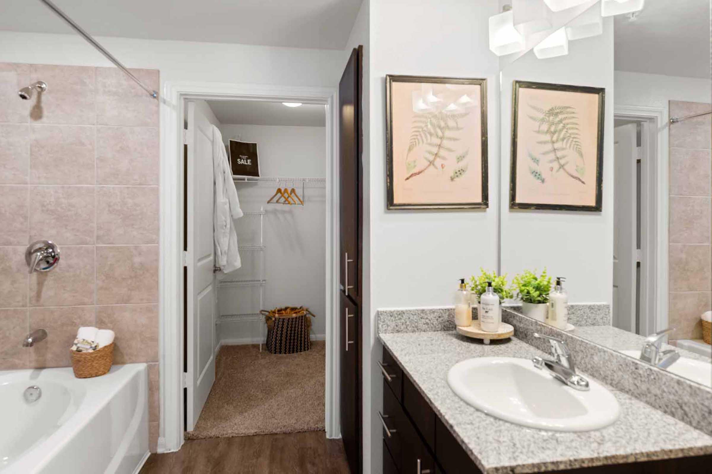 Modern bathroom featuring a bathtub and shower combination, granite countertop with toiletries, and framed botanical prints on the wall. A closet area is visible in the background, with wooden hangers and a laundry basket, creating a clean and organized aesthetic.