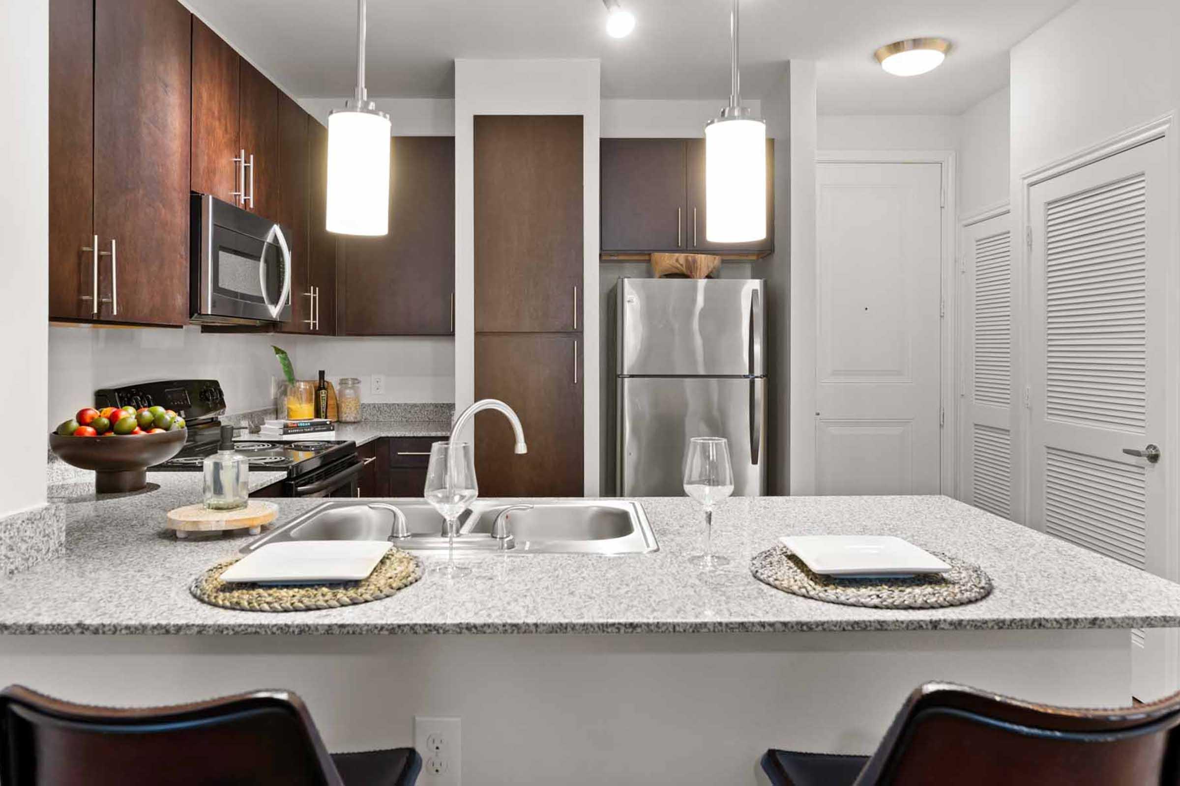 Modern kitchen featuring dark wood cabinetry, stainless steel appliances, and a granite countertop. Two dining plates and wine glasses are set at the bar, with a bowl of colorful fruit in the background. Bright lighting enhances the inviting atmosphere of the space.
