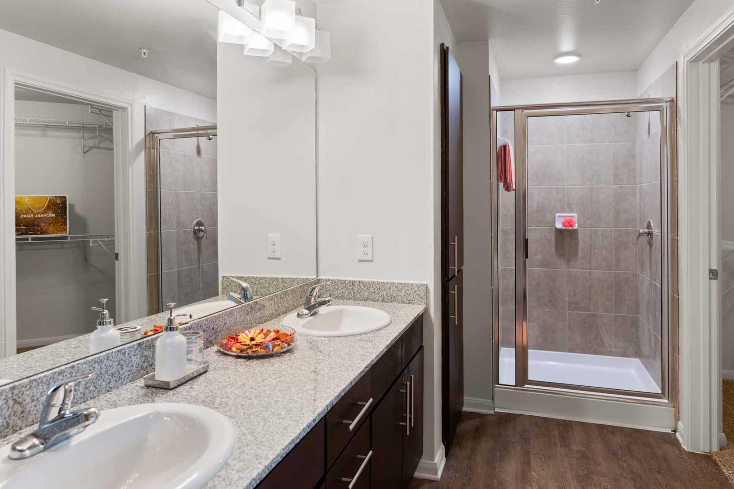 Modern bathroom featuring dual sinks with granite countertops, a walk-in shower with glass doors, and a stylish mirror. A bowl of decorative items is on the countertop, and a closet is visible in the background. The walls are painted white, and the flooring is wood-like laminate.