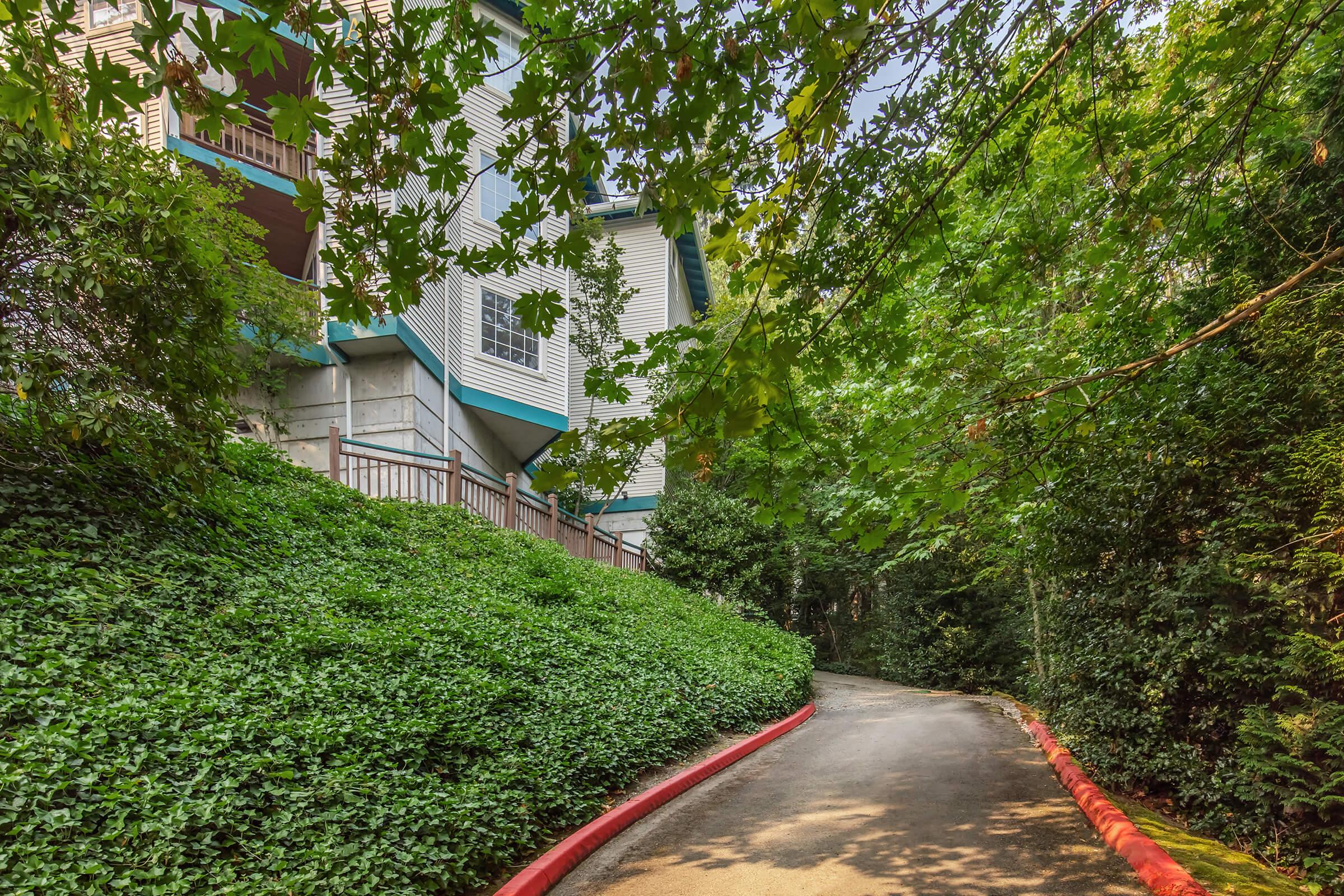 A winding path lined with lush greenery and bushes, leading to a building partially visible on the left. The scene is framed by trees, creating a serene and natural atmosphere with soft sunlight filtering through the leaves. The path has a red border, enhancing the inviting feel of the walkway.