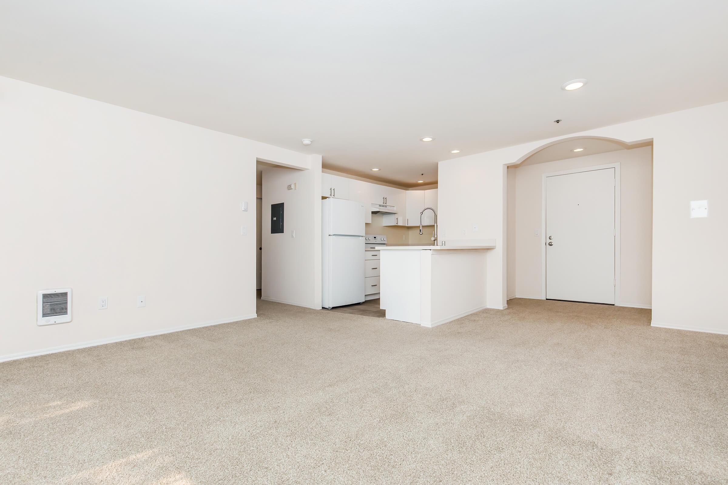 A spacious, empty living room with beige carpet and light-colored walls, featuring an open kitchen area with a refrigerator and modern cabinetry. A doorway leads to the entrance, and there’s a wall-mounted heater visible. Natural light fills the space, creating a bright atmosphere.
