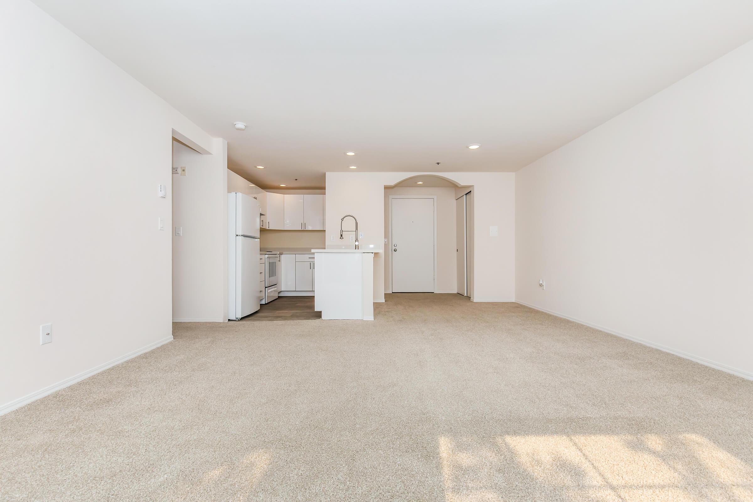 Spacious, empty living area with light beige carpet and white walls. Features an open kitchen with modern appliances visible in the background. A doorway leads to another room, and the space is well-lit with multiple light fixtures. Ideal for showcasing a clean and modern interior design.
