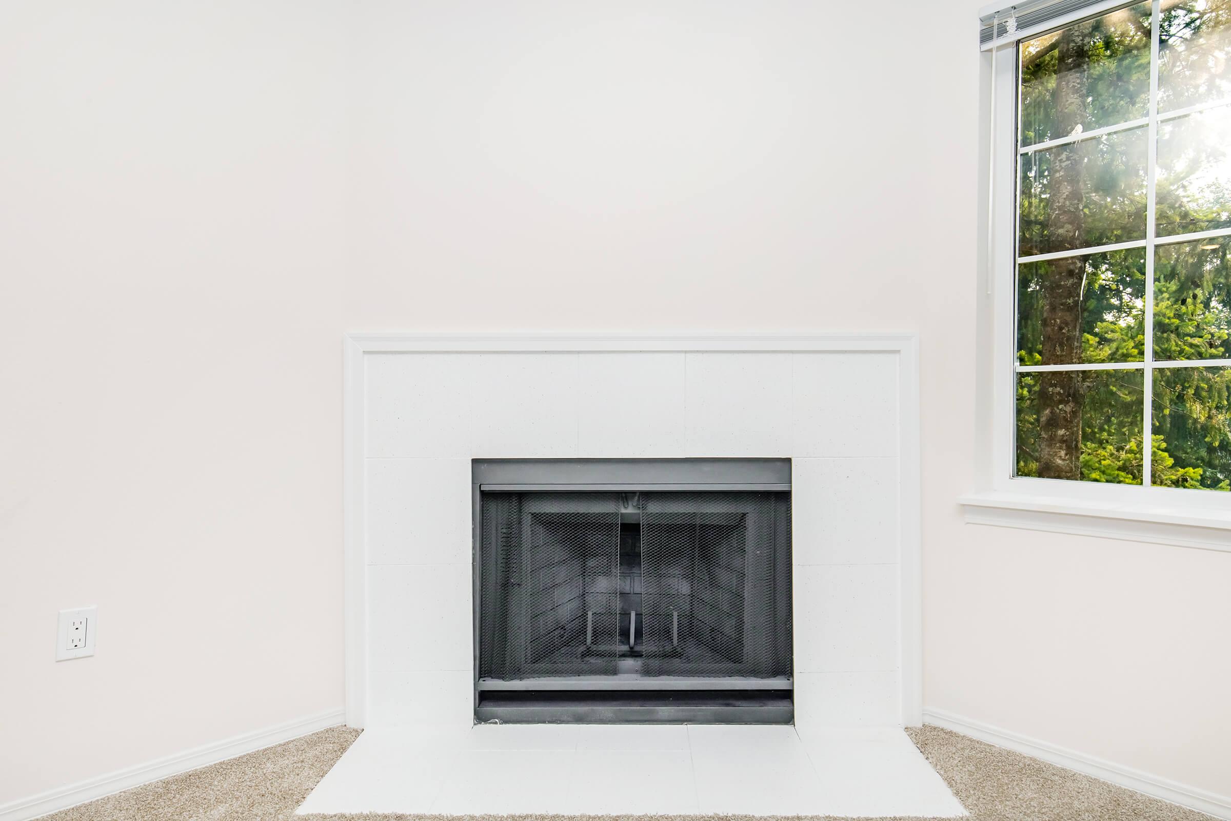 A simple, modern fireplace with a black screen, set against a white wall in a room with beige carpet. A large window beside the fireplace allows natural light to enter, revealing greenery outside. The overall aesthetic is clean and minimalistic.