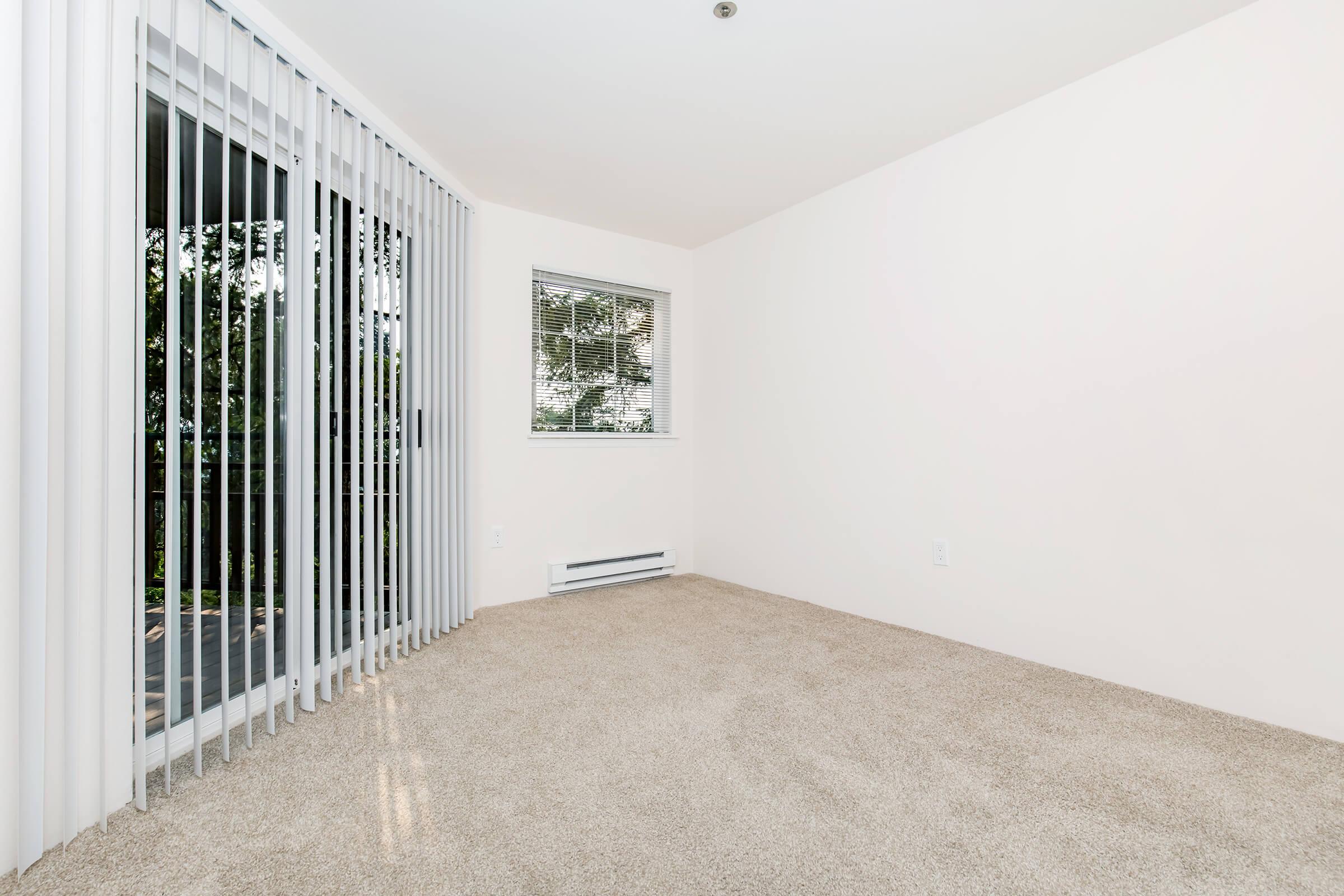 A clean, empty room with light beige carpet and white walls. There are vertical blinds covering a large window and a sliding door leading outside. Natural light streams in, creating a bright and airy atmosphere. The space is unfurnished, offering a blank canvas for decoration.