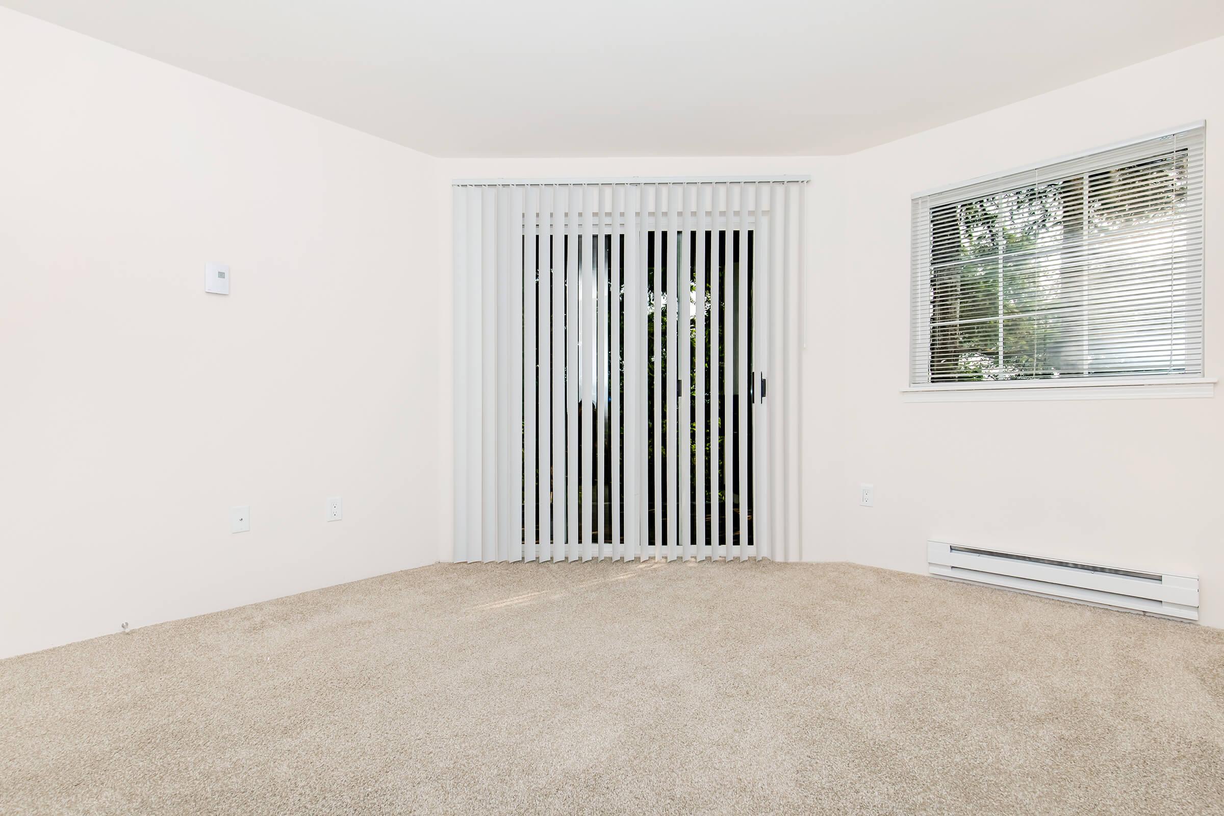 Empty room with beige carpet, white walls, and vertical blinds covering a large sliding glass door. A window on the right side features horizontal blinds. The space is well-lit and has a minimalist appearance, suitable for various uses or furniture arrangements.