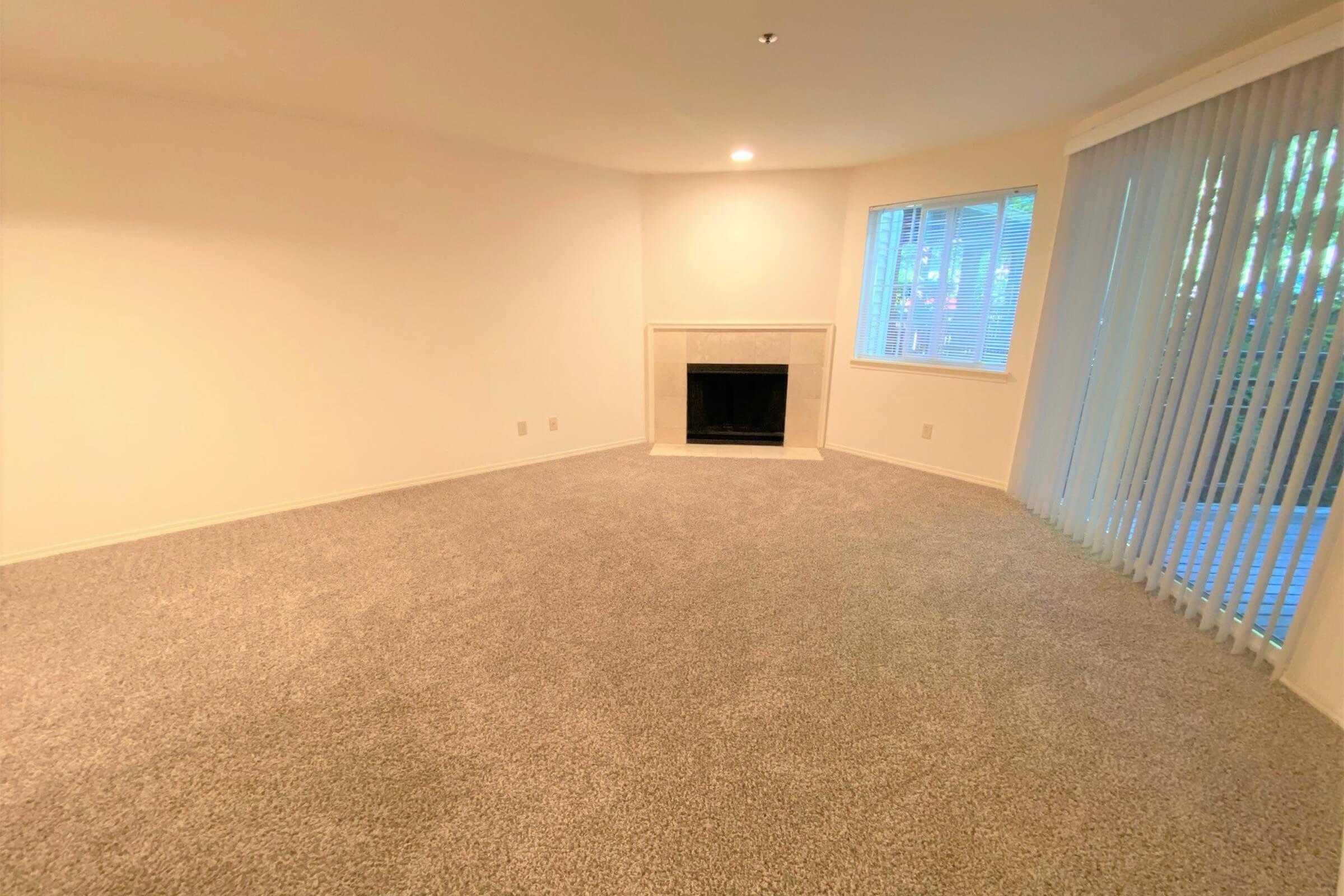 A spacious, empty living room with light beige carpet, featuring a fireplace on one wall and a large window with sheer vertical blinds letting in natural light. The walls are painted white, and there are no furnishings in the room, creating an open and airy atmosphere.