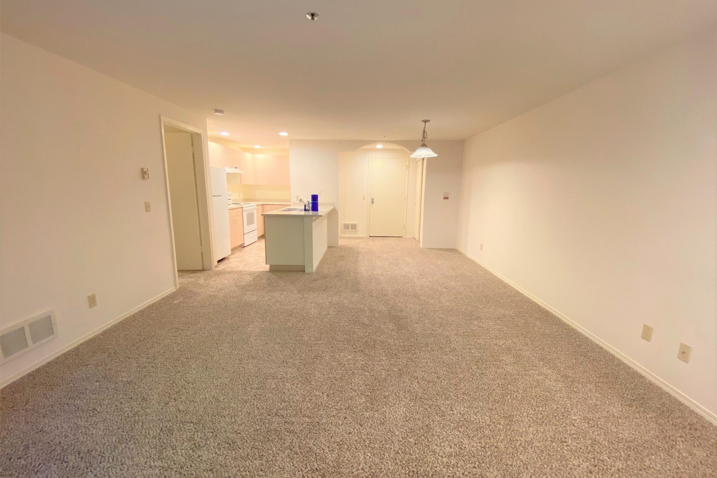 A spacious, empty living area with light-colored carpet. The room features a small kitchen nook with white cabinets and appliances visible in the background. There’s a light fixture hanging from the ceiling and a door leading to another room. The walls are painted a neutral shade, creating a bright and open atmosphere.