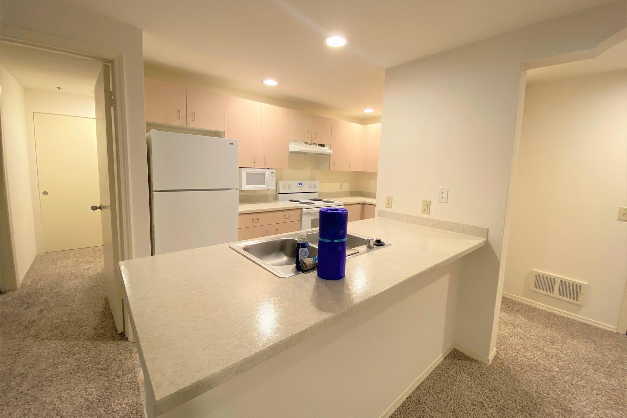 Interior view of a modern kitchen featuring light-colored cabinets, a white refrigerator, and a microwave. The countertop is made of light stone with a sink, and there's a blue container on the counter. Soft lighting illuminates the space, which has a neutral color scheme and carpeted flooring.