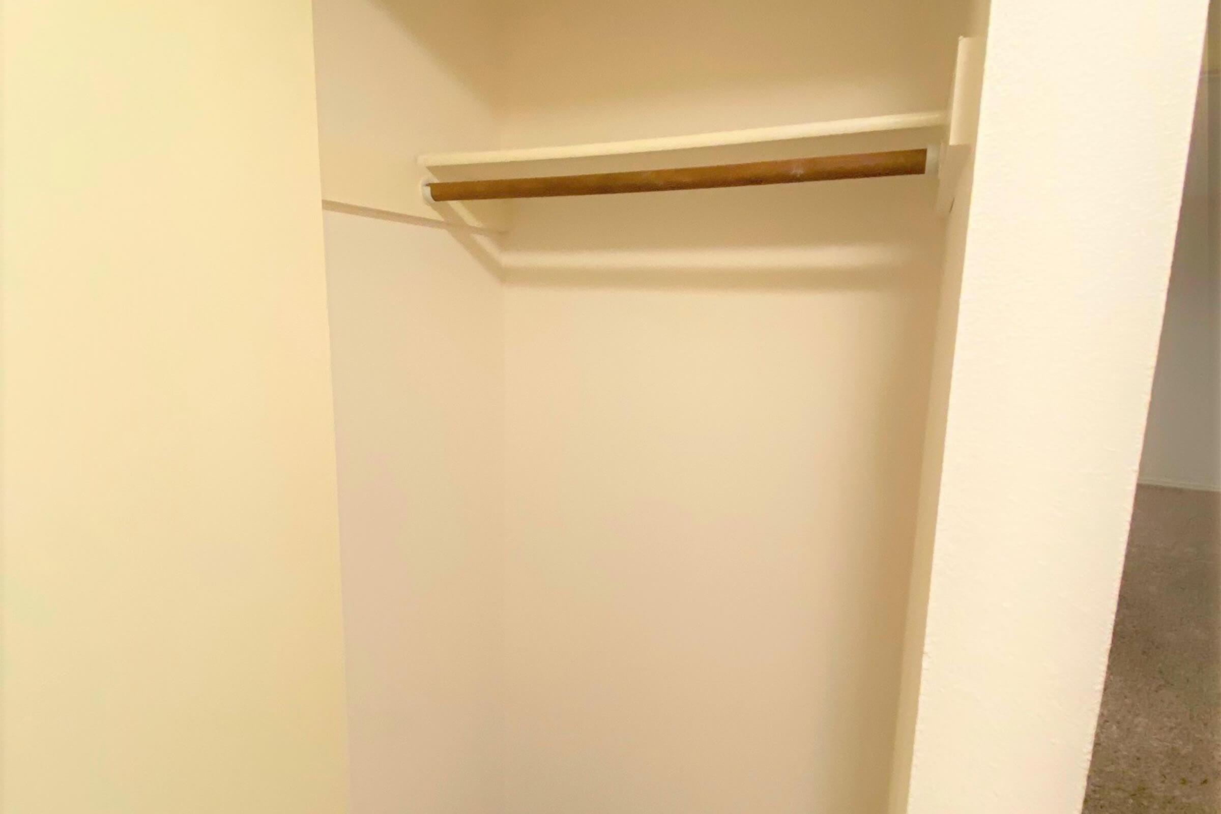 A vacant closet with light-colored walls and a wooden hanging rod. The interior is empty, showcasing the spaciousness of the closet. The flooring is not visible, and the entrance is framed by the closet's opening.