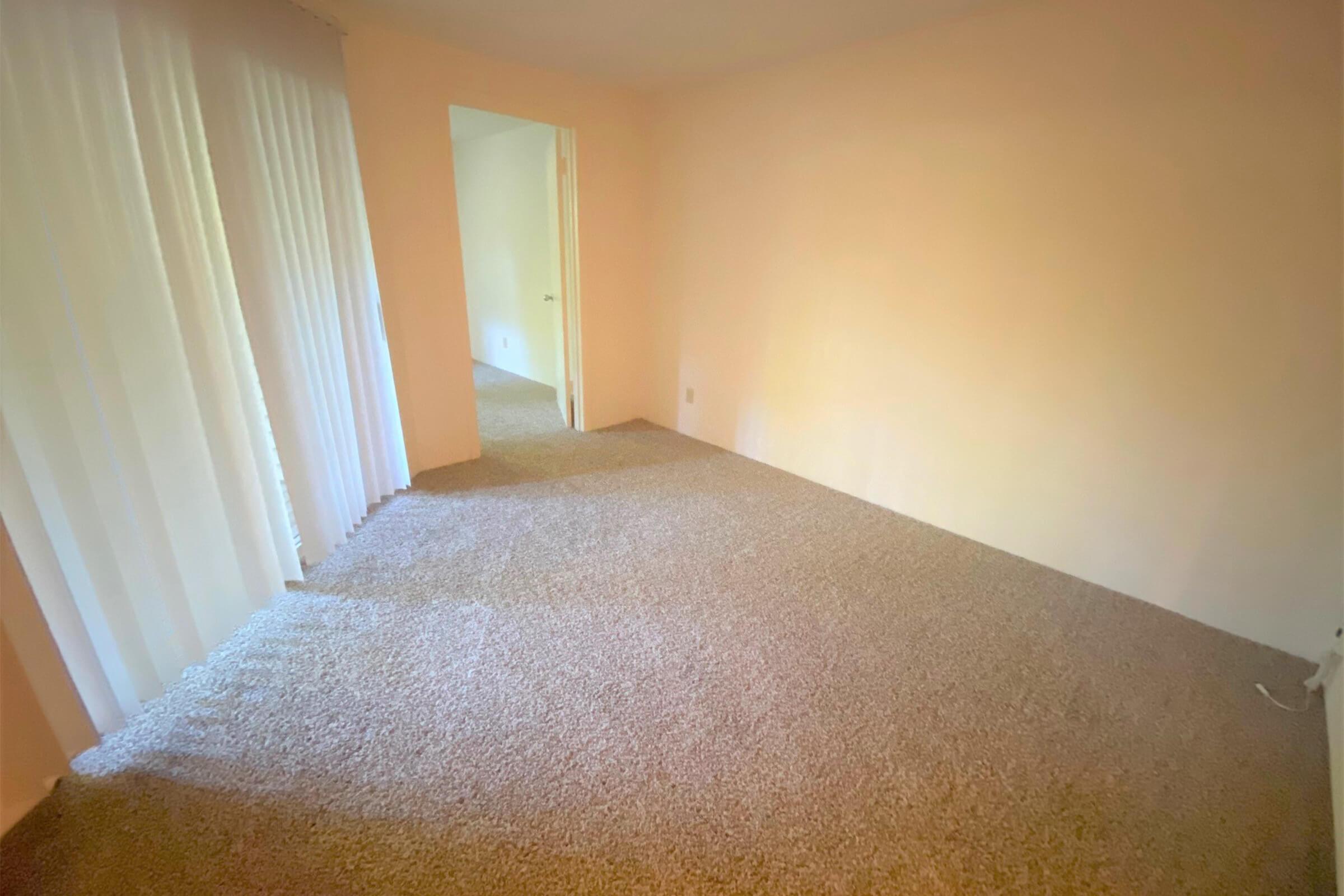 A spacious, empty room with light-colored walls and soft carpet flooring. There are sheer white curtains covering a window on the left, allowing natural light to illuminate the space. A doorway at the back leads to another room, suggesting an open floor plan.