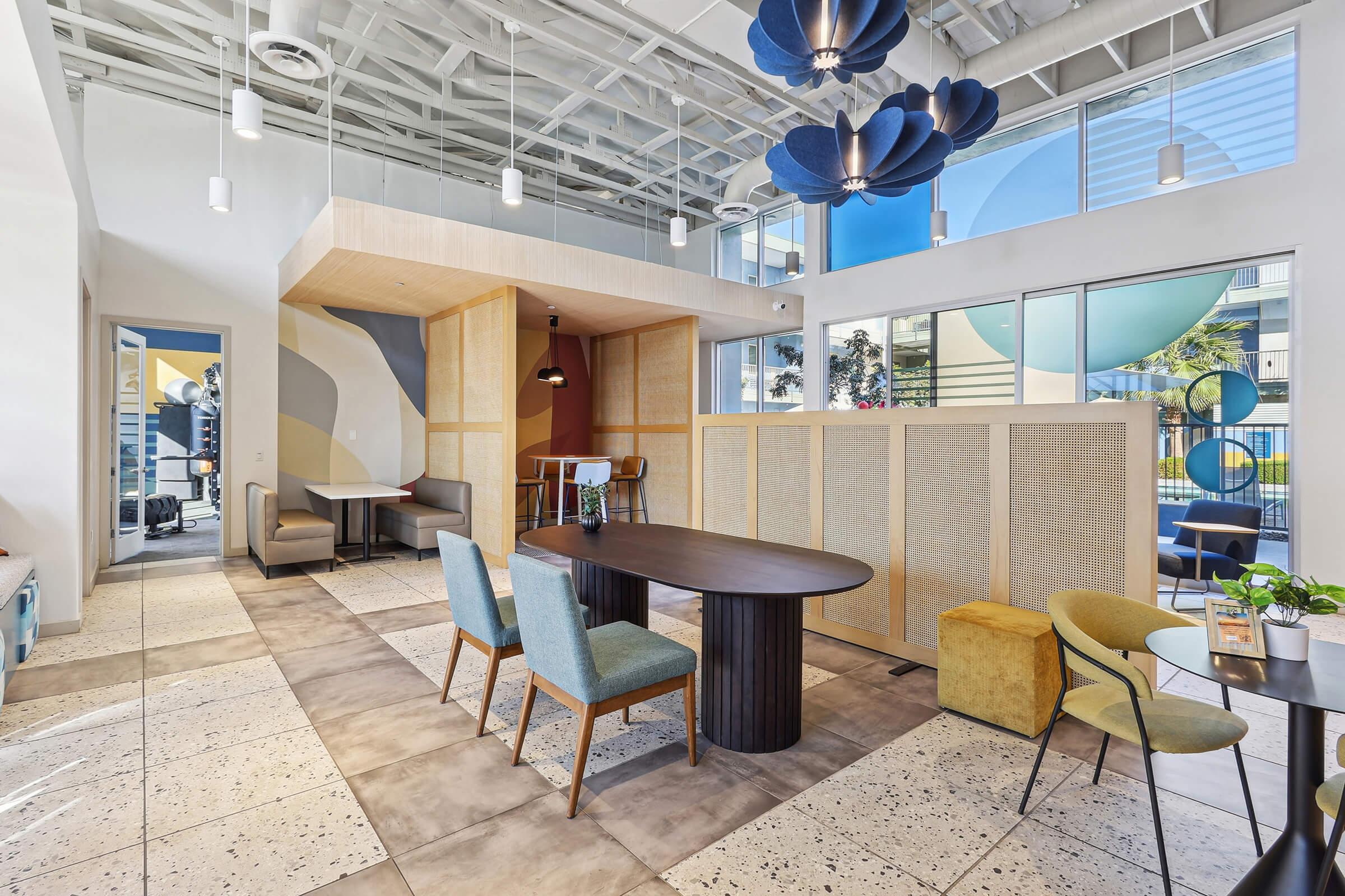 a dining room table in front of a building