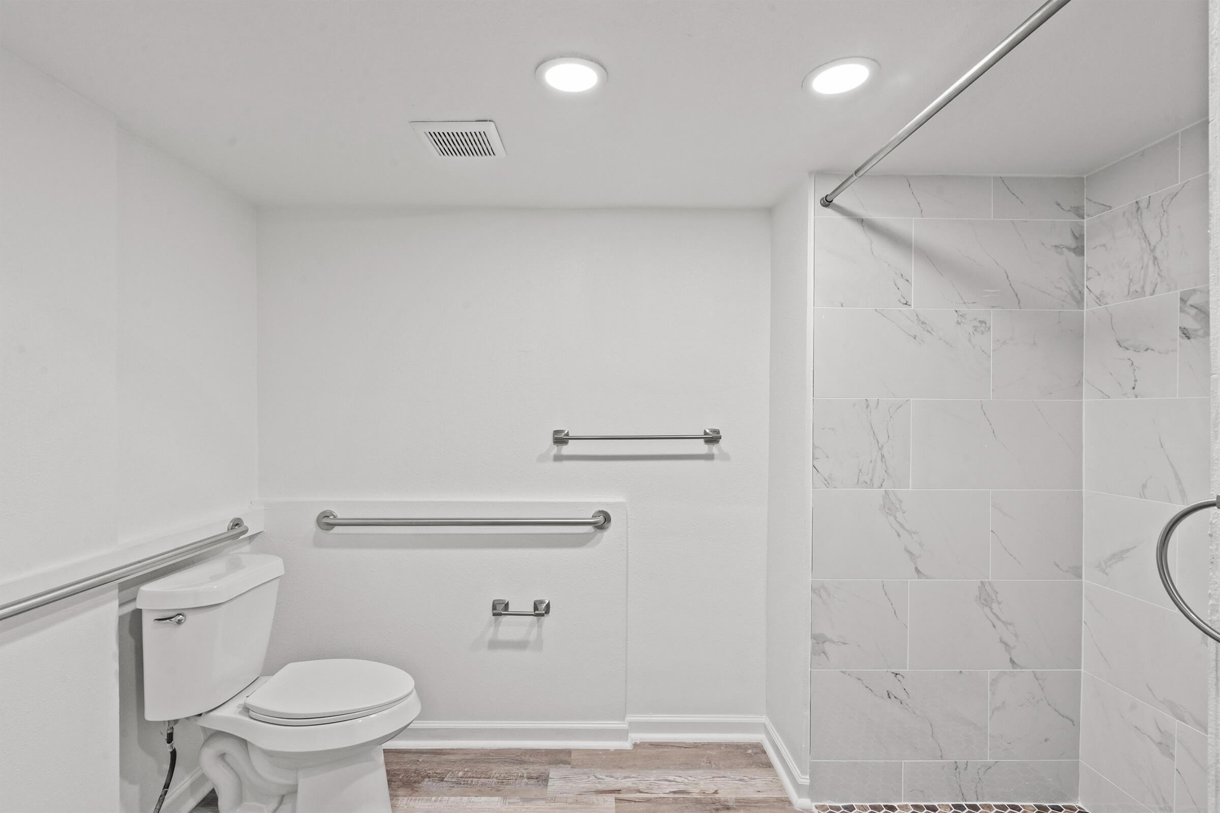 A clean, modern bathroom featuring a white toilet, grab bars on the walls, a walk-in shower with marble tiles, and recessed lighting. The floor has a wooden appearance. The overall design is simple and functional, suitable for accessibility.