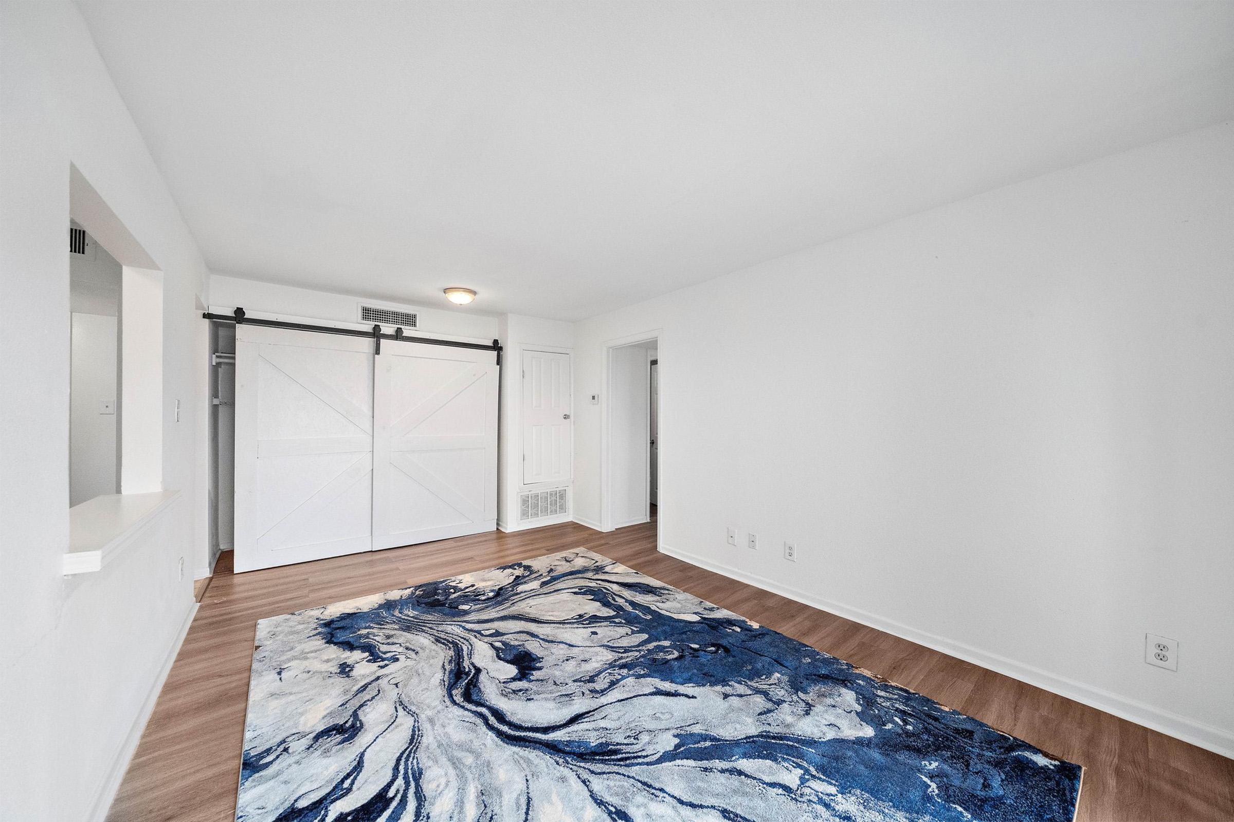 A spacious, empty room featuring light-colored walls and wooden flooring. A large blue and white area rug adds a pop of color. There is a sliding barn door on one wall and a small opening, possibly a pass-through to another space. The room has a bright, airy feel with ample natural light.