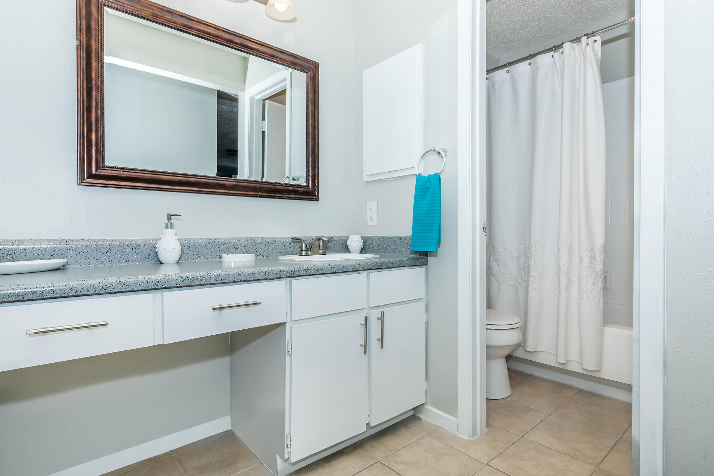 a kitchen with a sink and a mirror