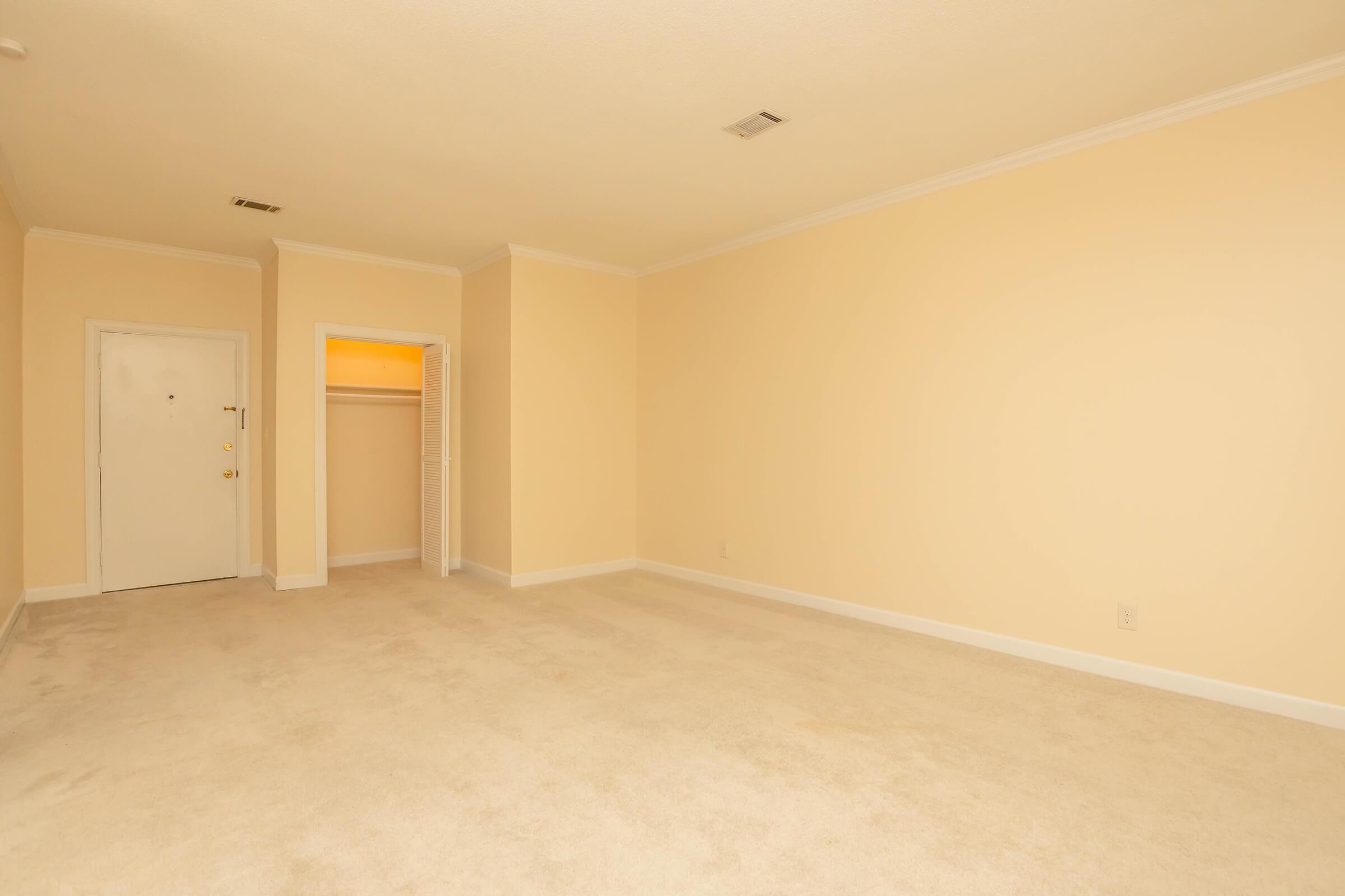 A spacious, empty room with beige walls and a light-colored carpet. There is a closed door on one side, leading to a closet with sliding doors. Soft lighting enhances the neutral tones, creating a bright and airy feel. Ideal for various interior design options.