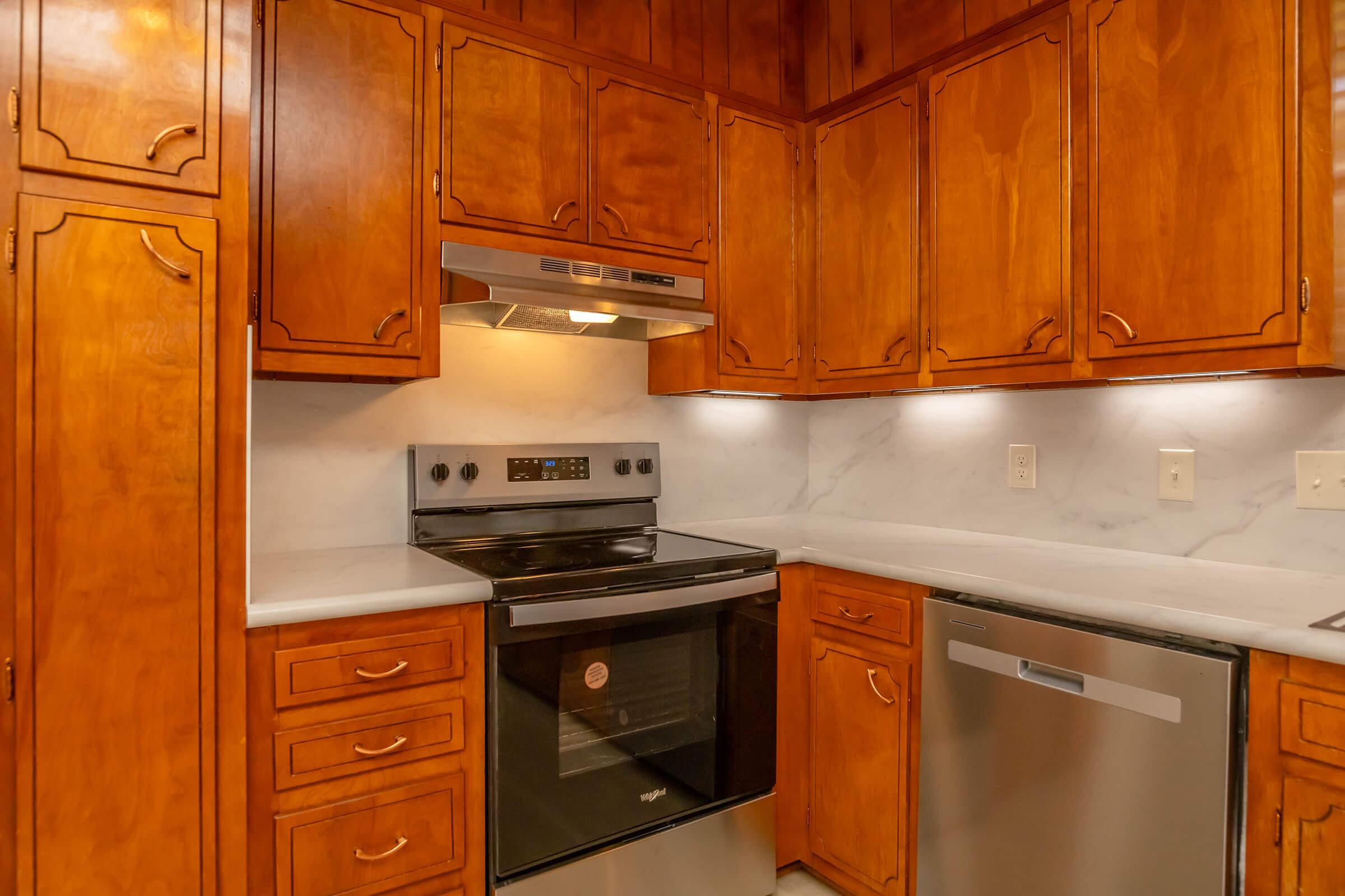 Modern kitchen featuring wooden cabinetry with intricate designs, a stainless steel range hood above a black stove, and a sleek silver dishwasher. The countertops are light-colored, and there are soft ambient lights under the cabinets, creating a warm and inviting atmosphere.