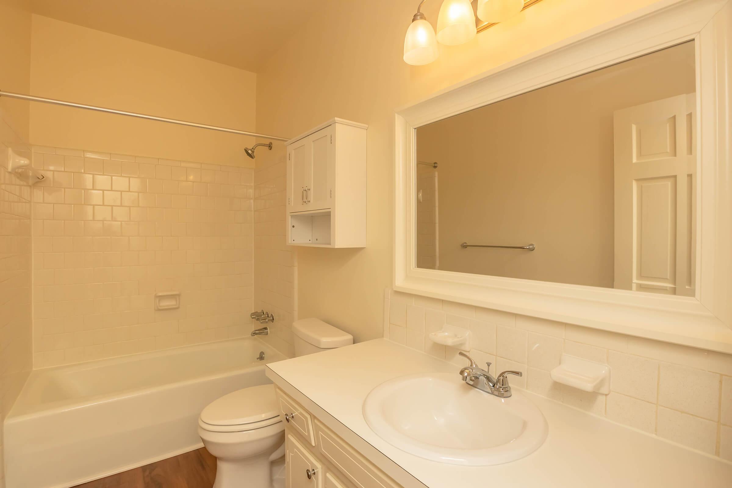 A clean, well-lit bathroom featuring a white bathtub with a shower, a toilet, and a sink with a mirror above it. Light fixtures hang above the sink, and there are cabinets for storage. The walls are painted in a light color, enhancing the spacious feel of the room.