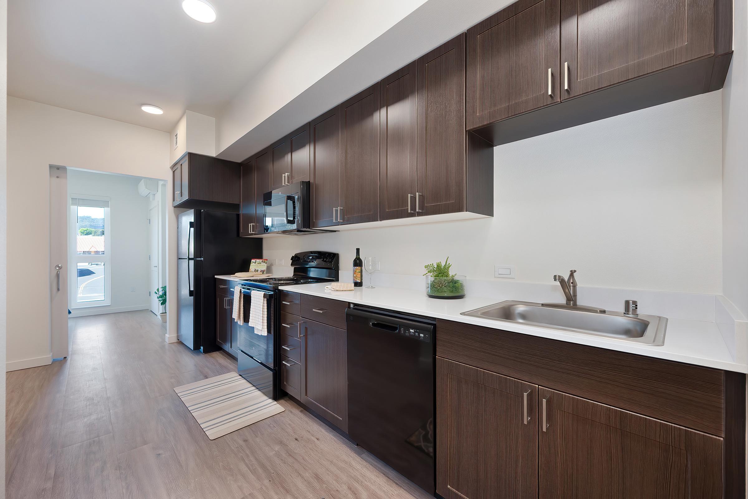 Modern kitchen with dark wood cabinetry, stainless steel appliances including a refrigerator, oven, and dishwasher. A small sink is integrated into a white countertop. The floor features light wood laminate. A doorway leads to an exterior entrance, enhancing the open and inviting feel of the space.