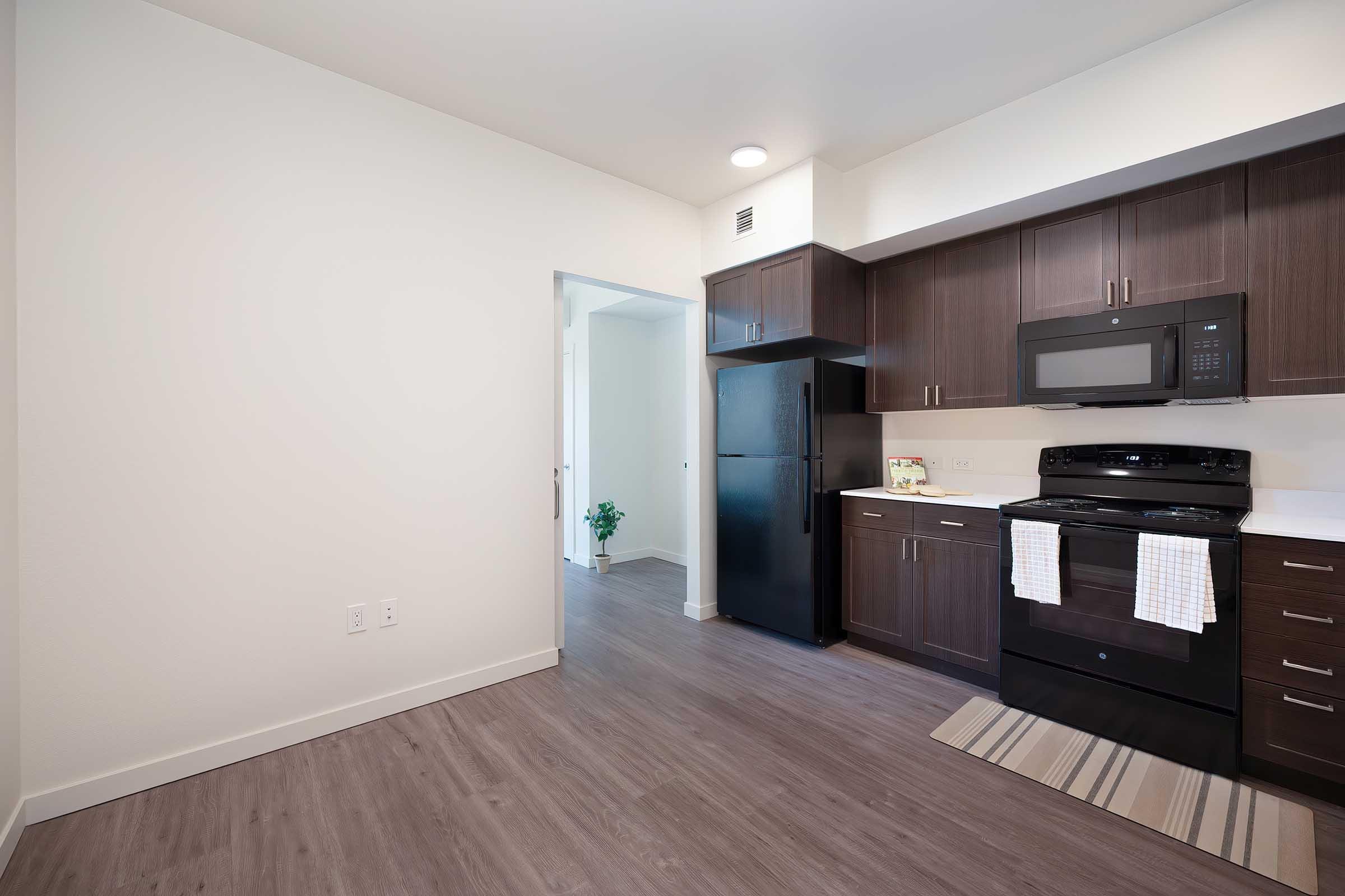 Modern kitchen featuring dark wooden cabinets, a black refrigerator, and a black stove. The countertop is light-colored, and there's a microwave above the stove. A small plant is visible in the background, and the flooring is a light wood laminate. The walls are painted white, creating a bright and clean look.