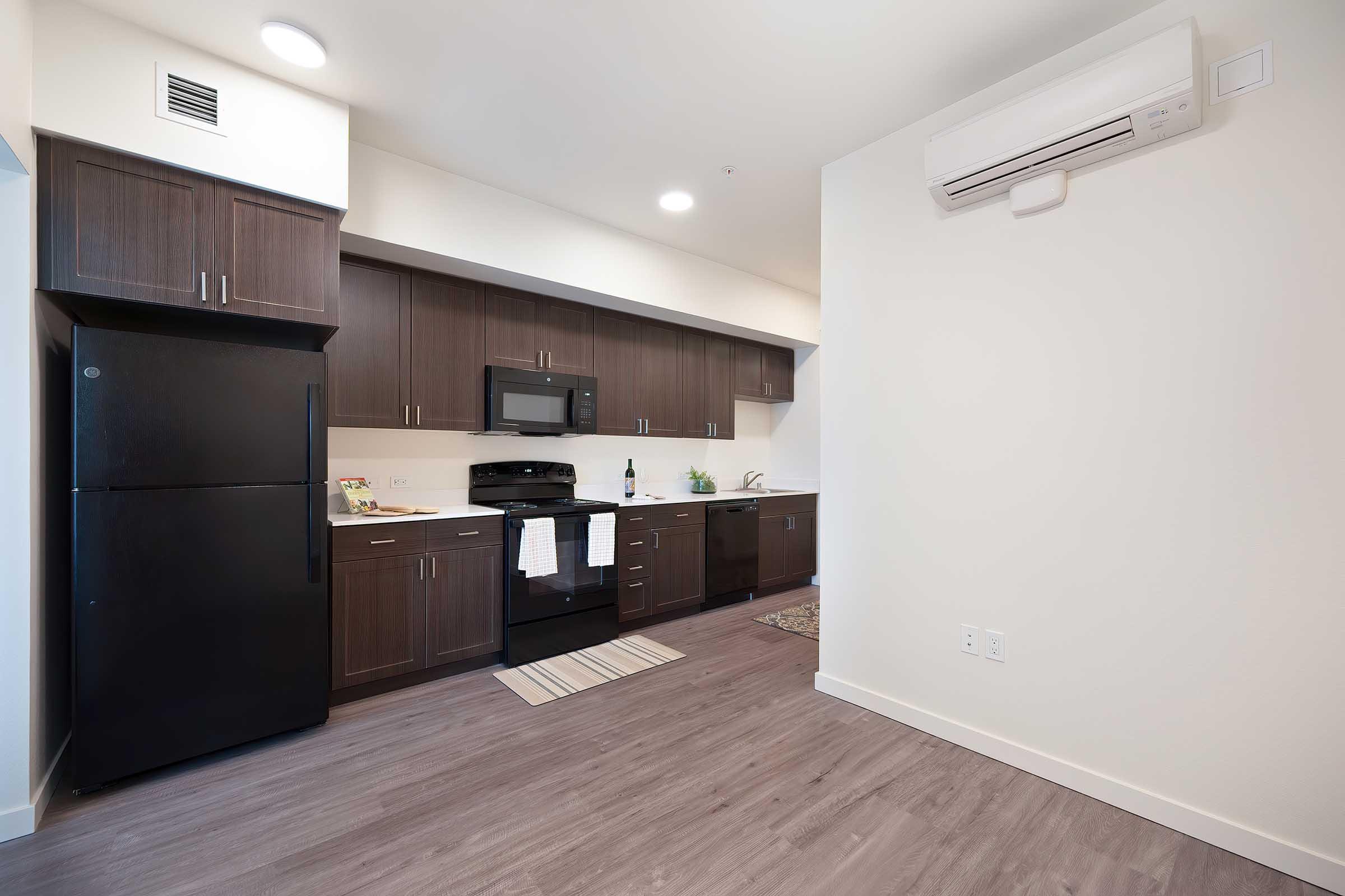 Modern kitchen with dark wood cabinets, black appliances including a refrigerator and microwave, and a light-colored wall. A striped runner rug lies on the floor, and there are some decorative items on the countertop. An air conditioning unit is mounted on the wall. The space is well-lit and contemporary.