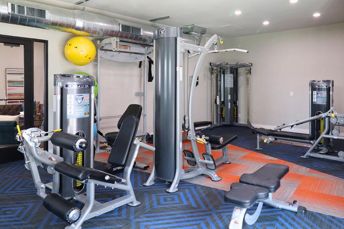 A fitness center with various gym equipment including weight machines, a cable machine, benches, and resistance training tools. The room features a carpeted floor with a modern design, large windows, and some bright decor elements.