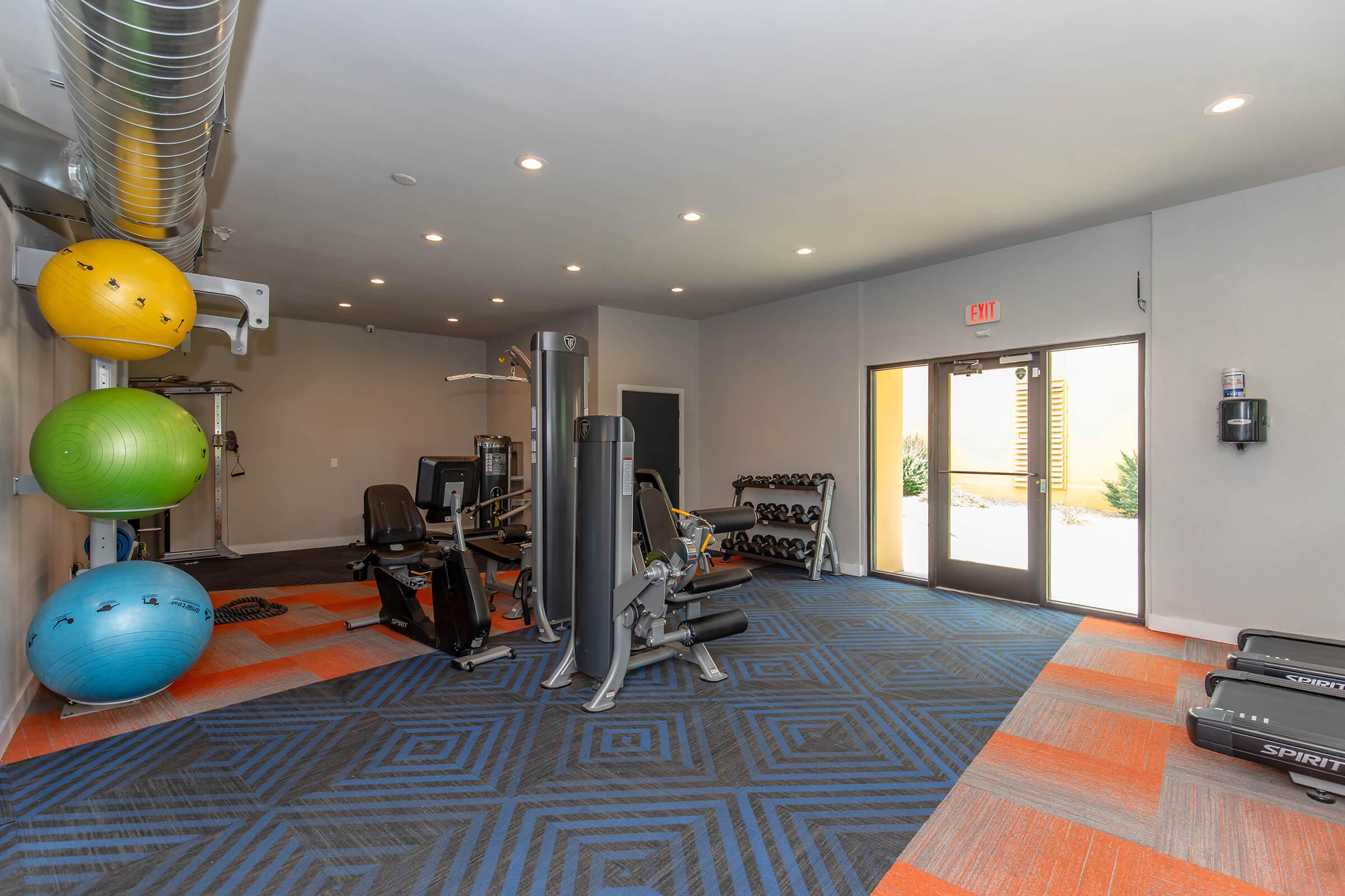 A modern gym interior featuring exercise equipment, including a multi-station weight machine, dumbbells, and fitness balls hanging on the wall. The space has gray walls and colorful flooring, with large windows allowing natural light. The atmosphere is clean and inviting for workouts.