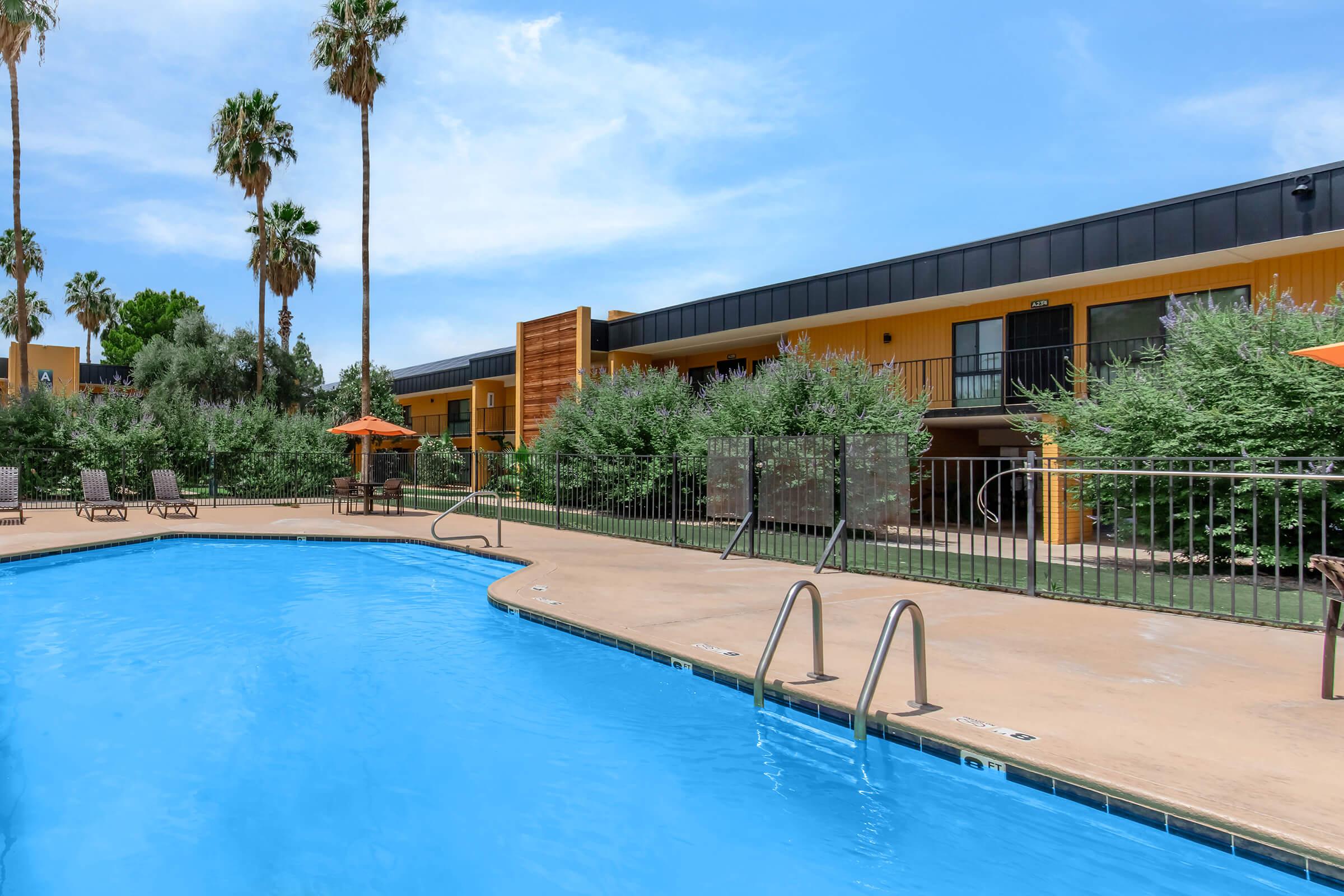A bright swimming pool with metal ladders is surrounded by sun loungers and tall palm trees. In the background, a two-story building with orange and black accents is partially obscured by greenery. An orange umbrella is visible near the poolside, under a clear blue sky.
