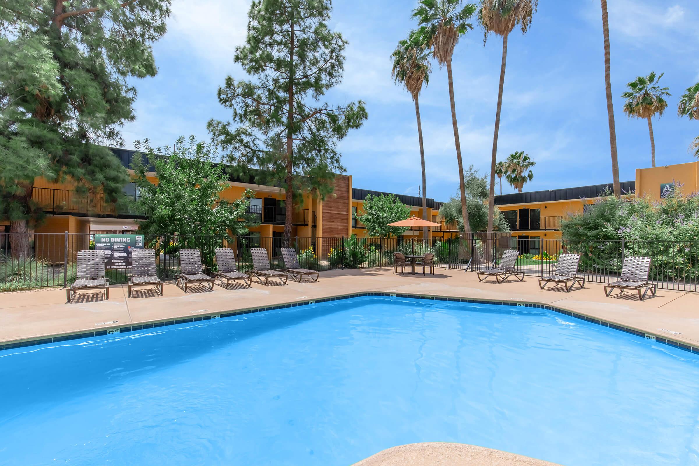 A view of a swimming pool surrounded by lounge chairs, with palm trees and greenery in the background. The pool area features an orange umbrella and is part of a multi-story building with balconies, under a clear blue sky.