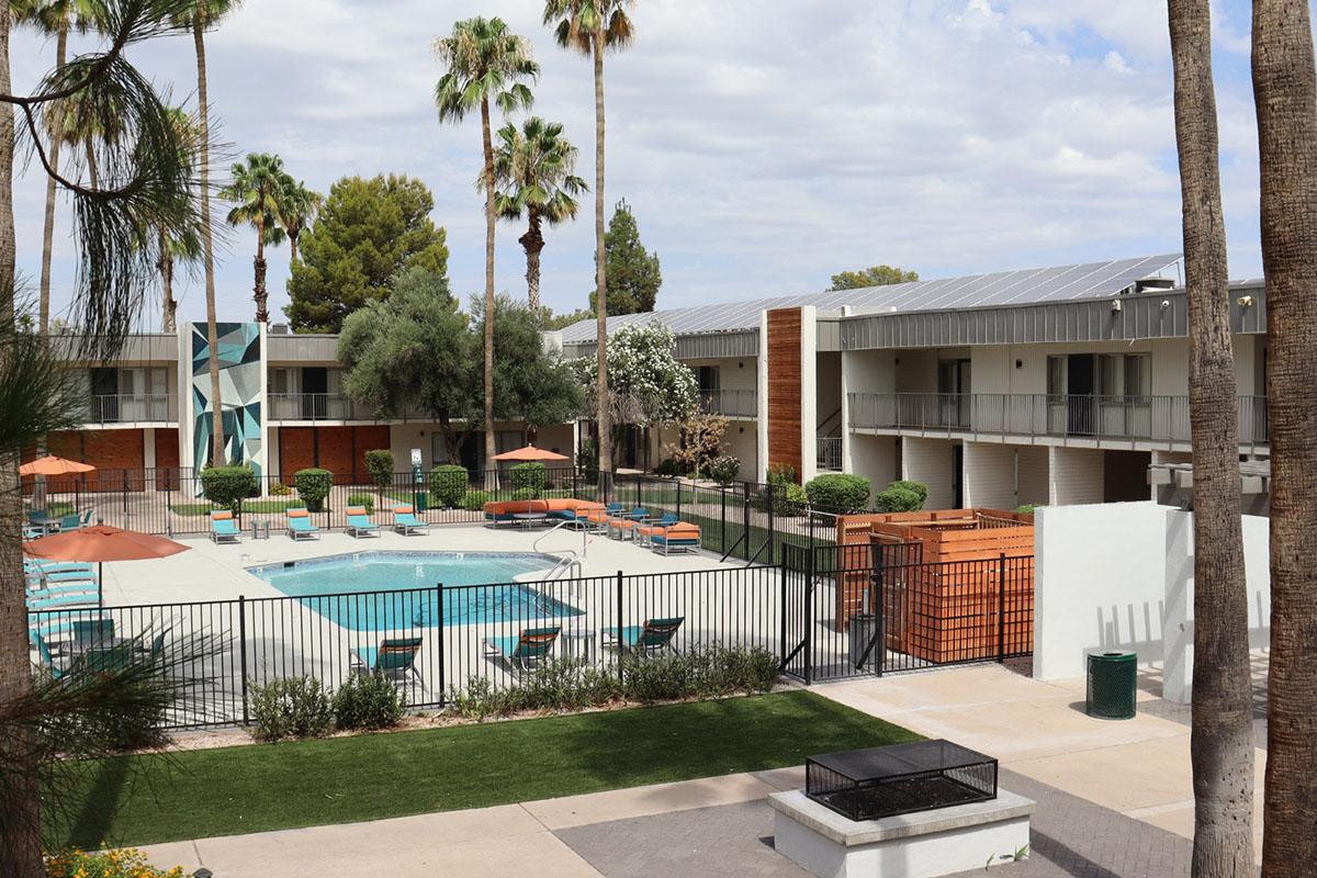 A view of a modern apartment complex featuring a swimming pool surrounded by lounge chairs and umbrellas. Palm trees line the area, with a landscaped lawn in the foreground. The buildings are two stories high, with a contemporary design and a fence enclosing the pool area.