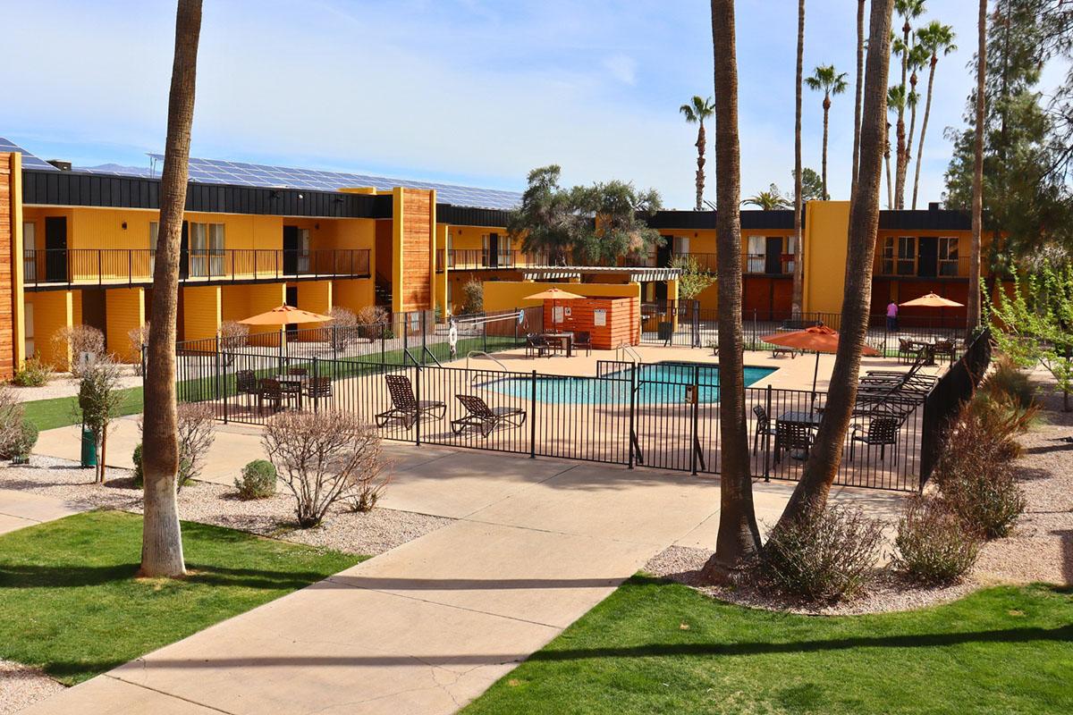 A view of a well-maintained courtyard featuring a swimming pool surrounded by lounge chairs and umbrellas. The area is bordered by a black fence and complemented by palm trees and landscaped gardens, with orange and yellow buildings in the background. Clear blue skies enhance the bright atmosphere.