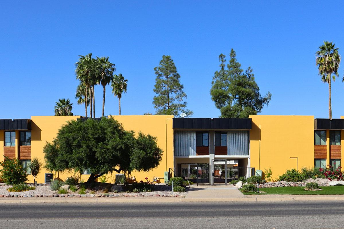 A modern yellow building with a black roof and large windows is situated along a road. Lush landscaping, including palm trees and shrubs, frames the entrance, while a clear blue sky overhead adds to the bright atmosphere. The scene conveys a welcoming and vibrant environment.