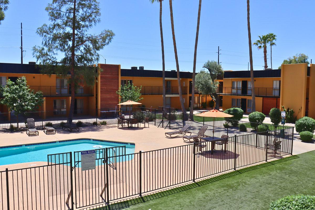 View of a sunny courtyard featuring a swimming pool surrounded by lounge chairs and palm trees. There are orange umbrellas over tables, and the building in the background has a modern design with a yellow and brown color scheme. A green lawn borders the pool area, creating a relaxing atmosphere.